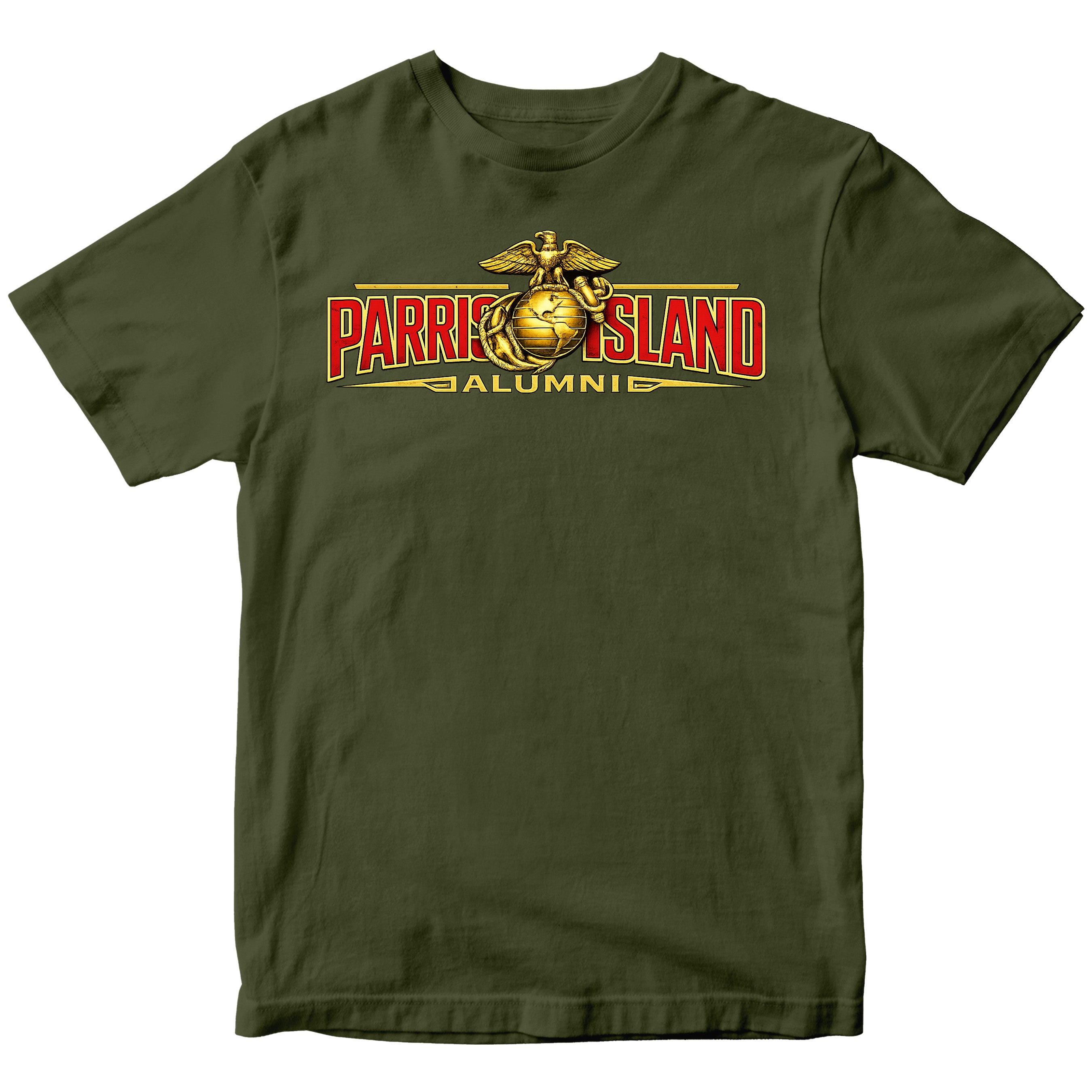 United States Marine Corps Parris Island alumni shirt featuring EGA emblem. Green MCRD Parris Island Tee.