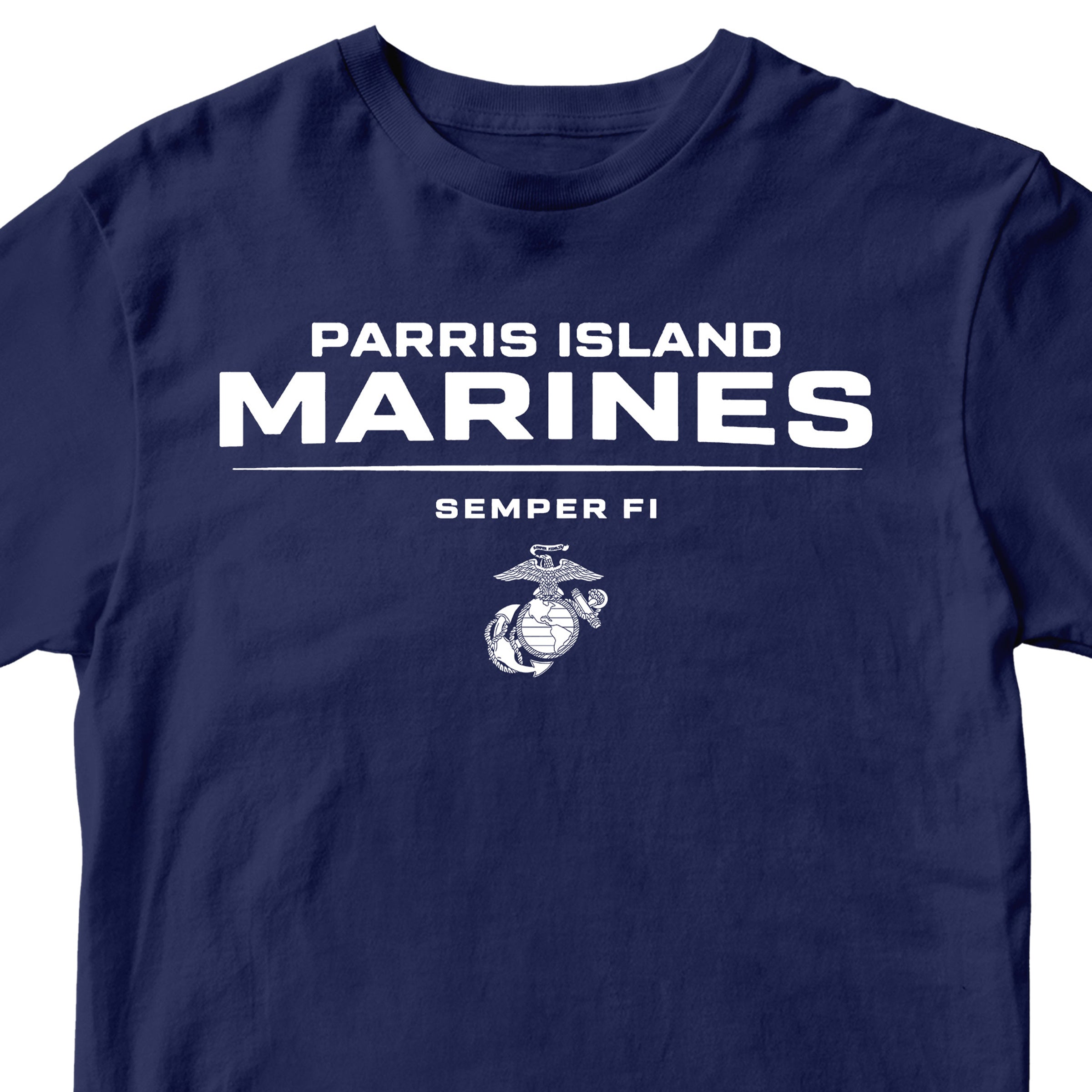 Navy Blue Parris Island Marines T-shirt with Eagle Globe and Anchor Marine Corps design. United States Marine Corps Parris Island Tee