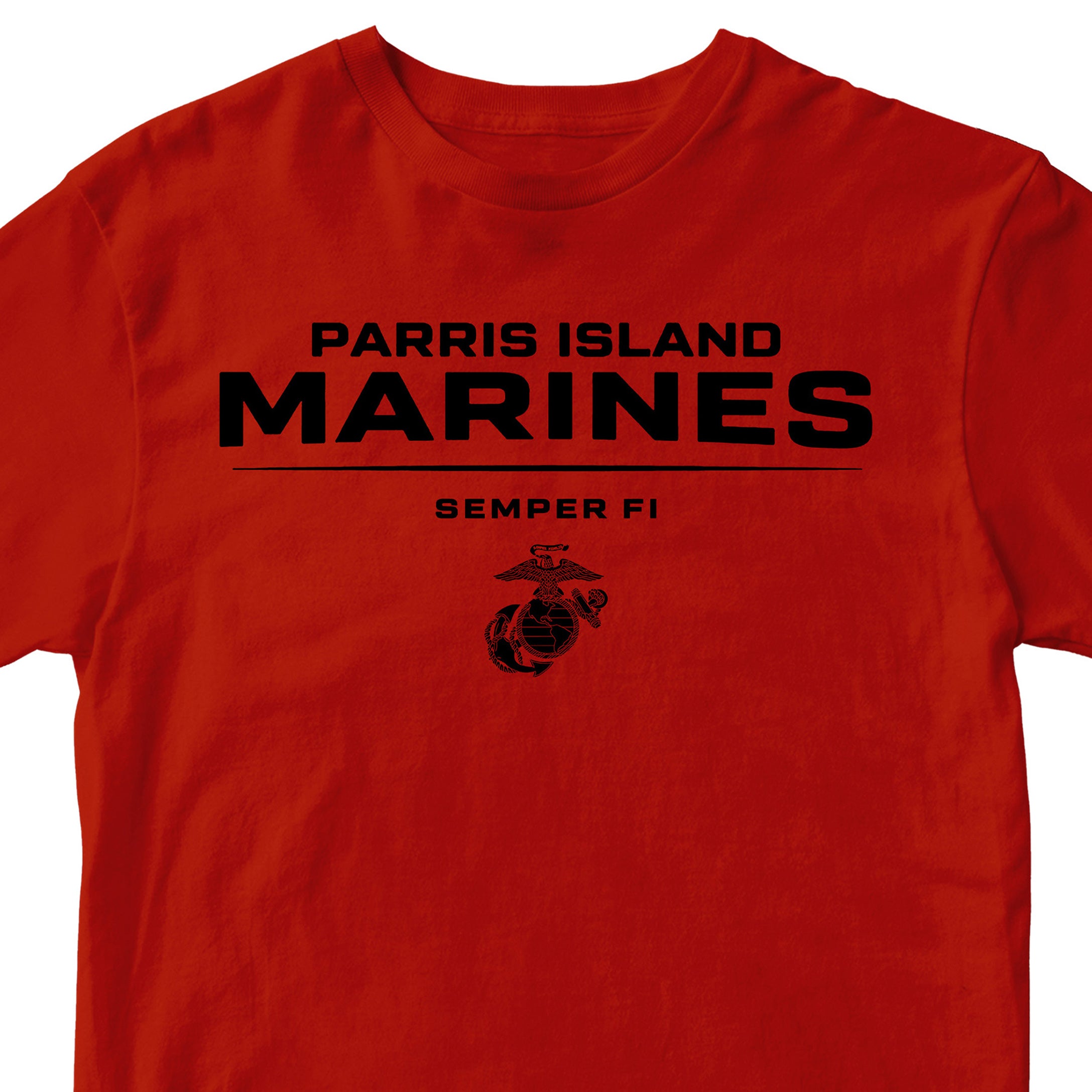 Red Parris Island Marines T-shirt with Eagle Globe and Anchor Marine Corps design. United States Marine Corps Parris Island Tee