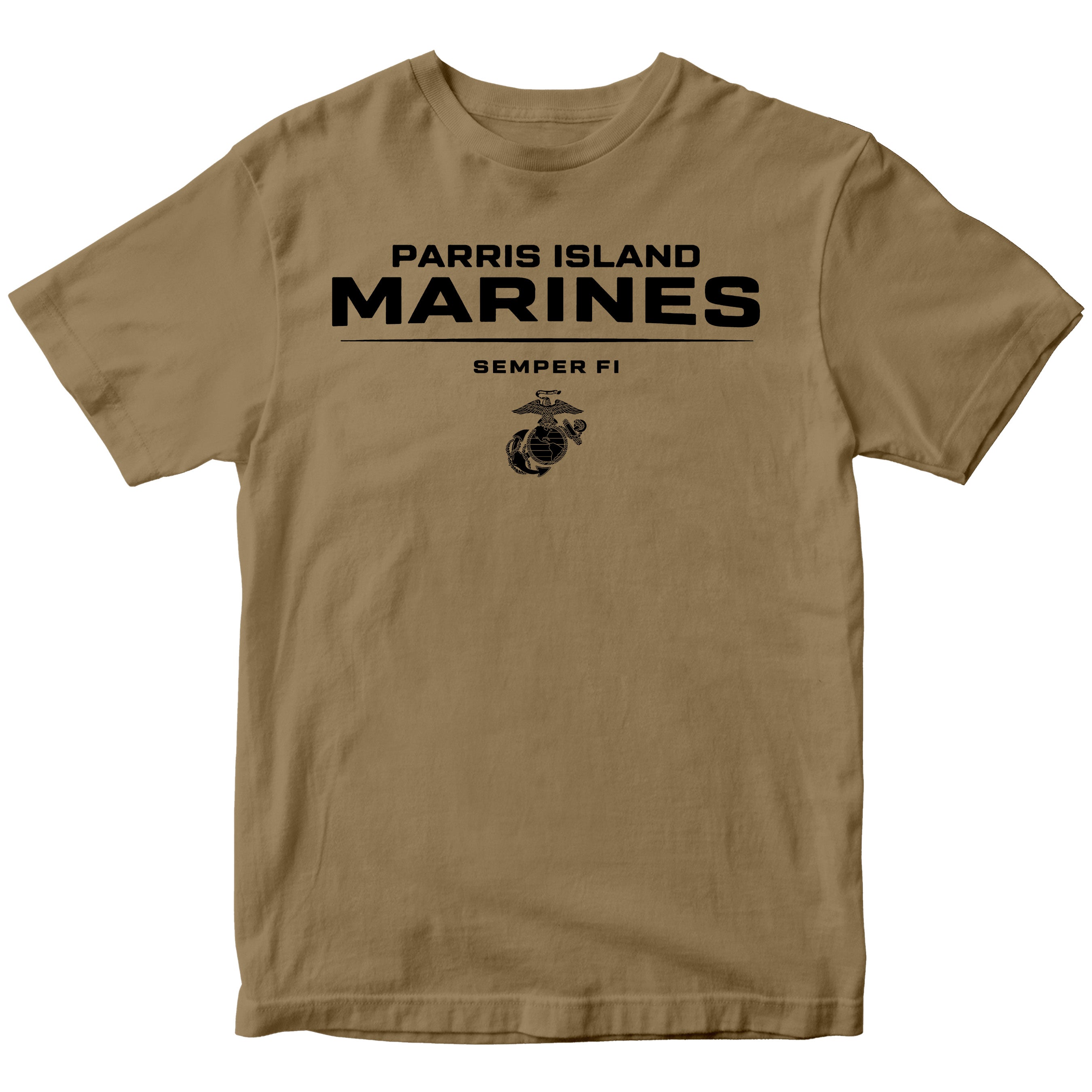 Brown Parris Island Marines T-shirt with Eagle Globe and Anchor Marine Corps design. United States Marine Corps Parris Island Tee