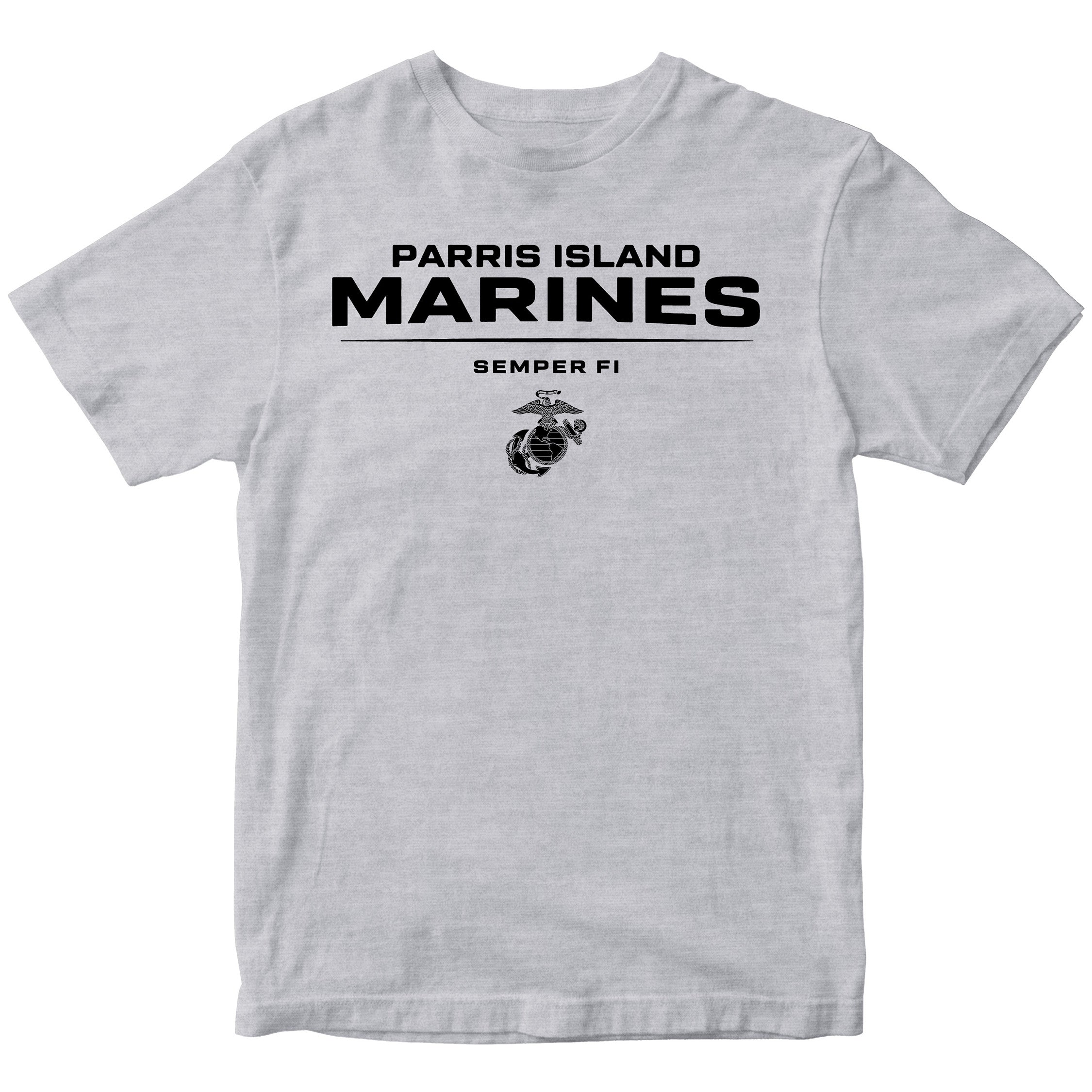 Grey Parris Island Marines T-shirt with Eagle Globe and Anchor Marine Corps design. United States Marine Corps Parris Island Tee