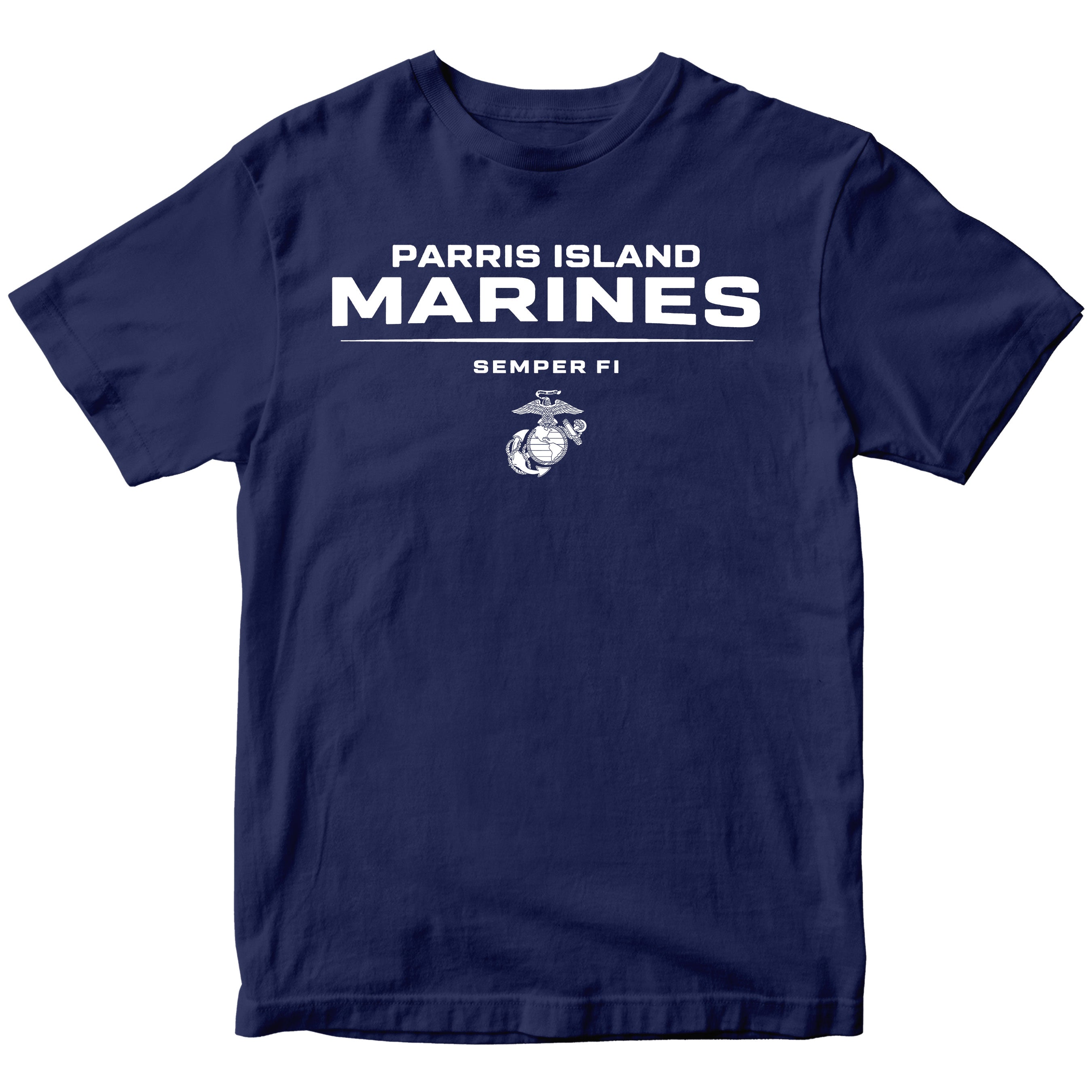 Navy Blue Parris Island Marines T-shirt with Eagle Globe and Anchor Marine Corps design. United States Marine Corps Parris Island Tee