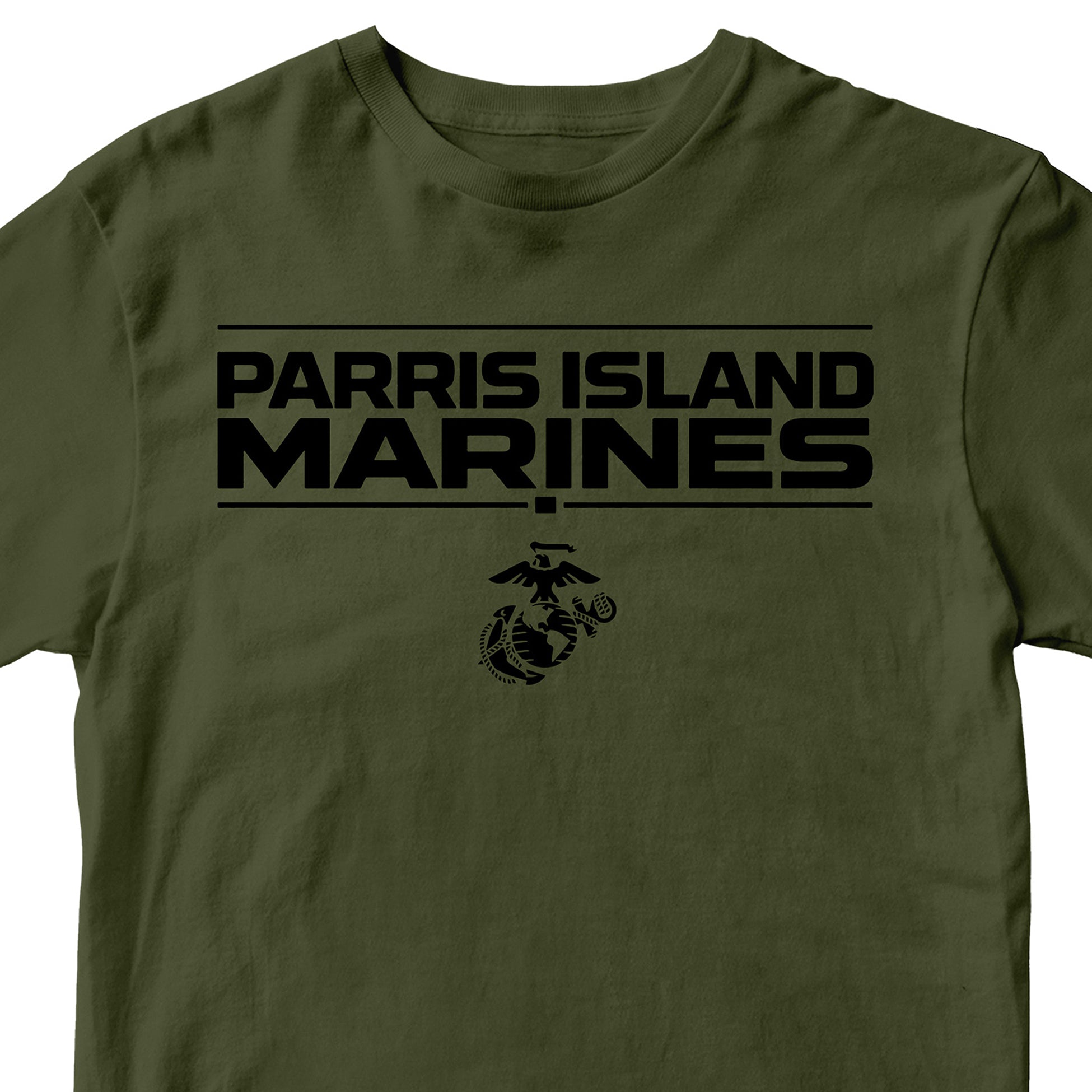 Green MCRD Parris Island Marines T-shirt with Eagle Globe and Anchor Marine Corps design. United States Marine Corps Parris Island Tee