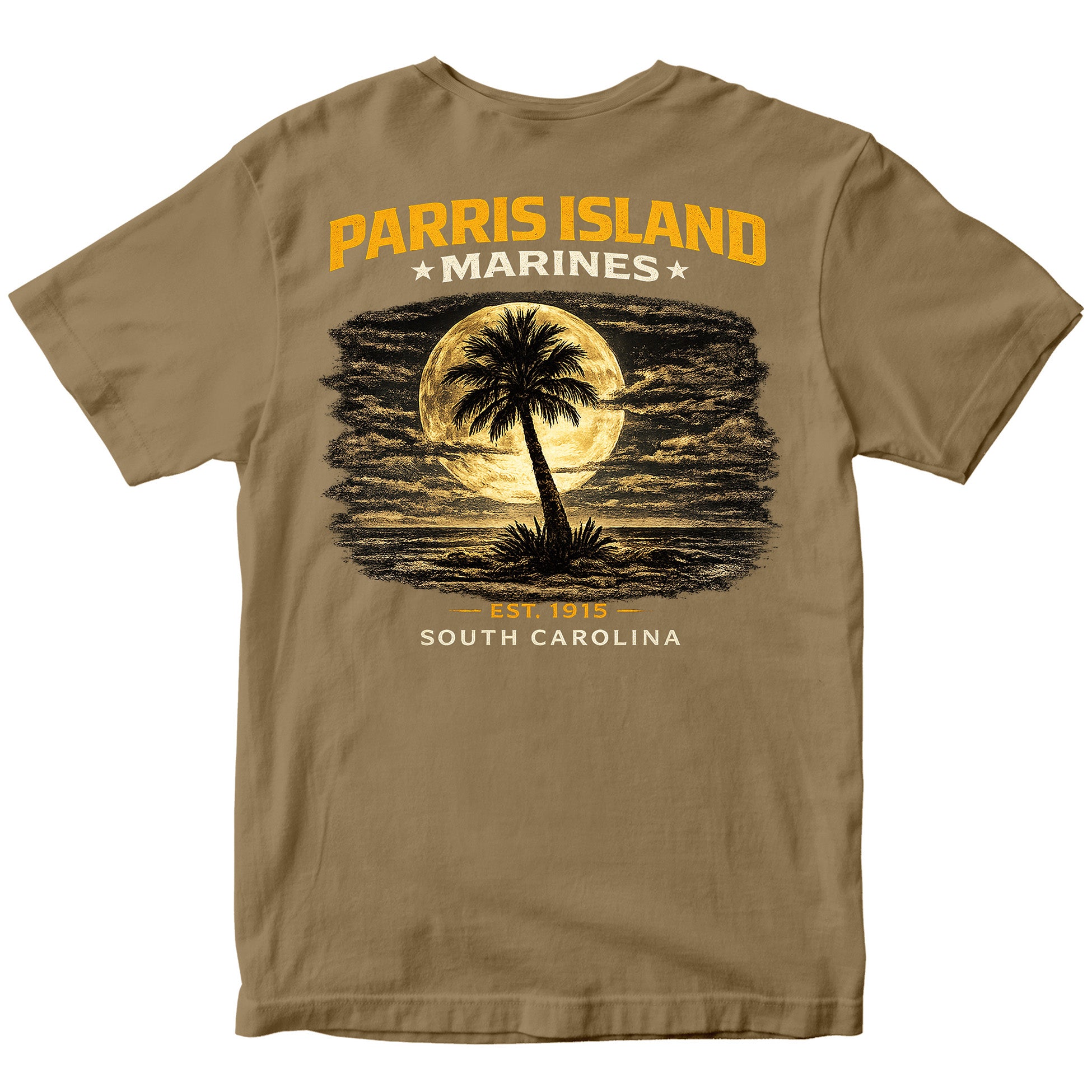 MCRD Parris Island Marines T-shirt with South Carolina graphic and Eagle Globe and Anchor. Brown United States Marine Corps MCRD Parris Island Tee
