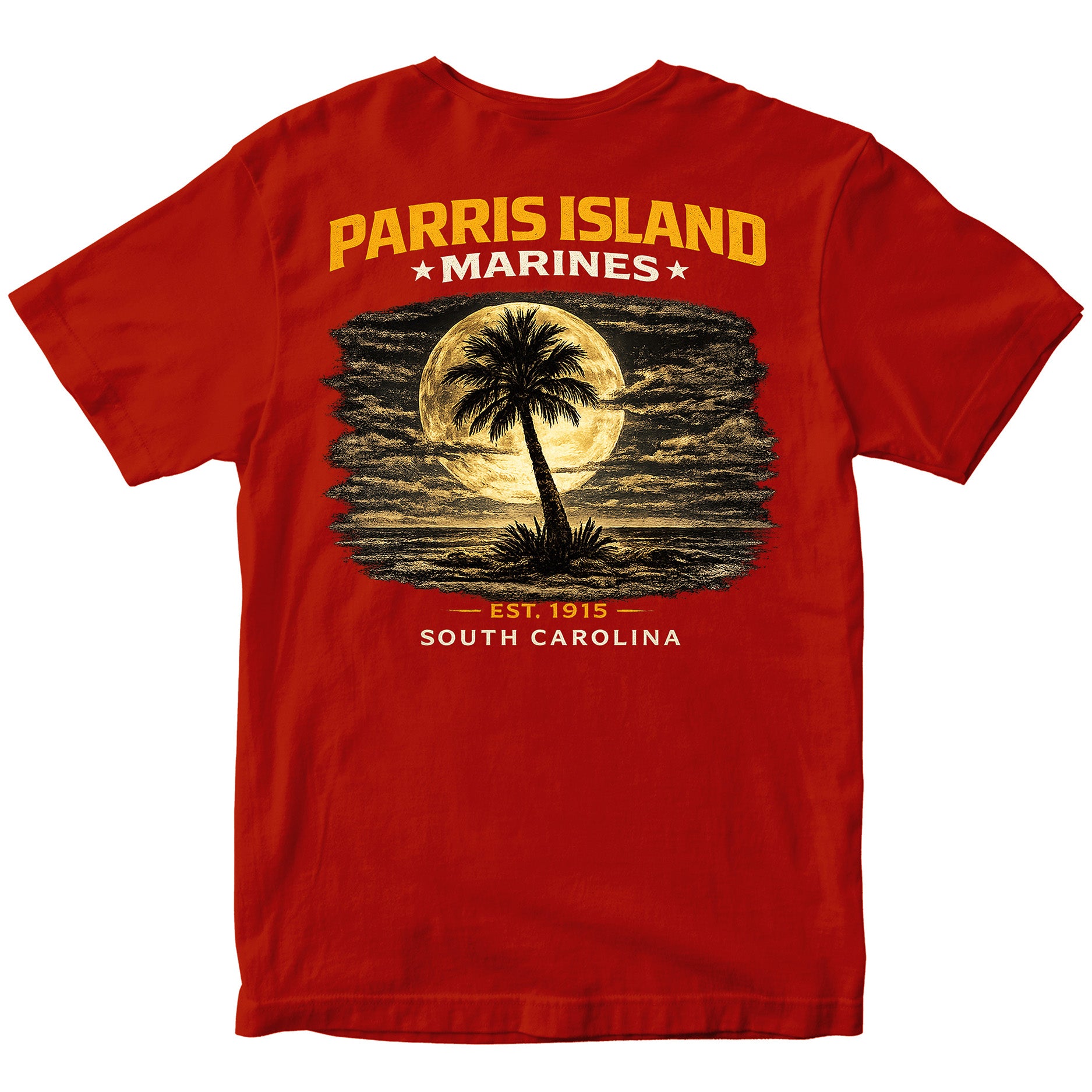 MCRD Parris Island Marines T-shirt with South Carolina graphic and Eagle Globe and Anchor. Red United States Marine Corps MCRD Parris Island Tee