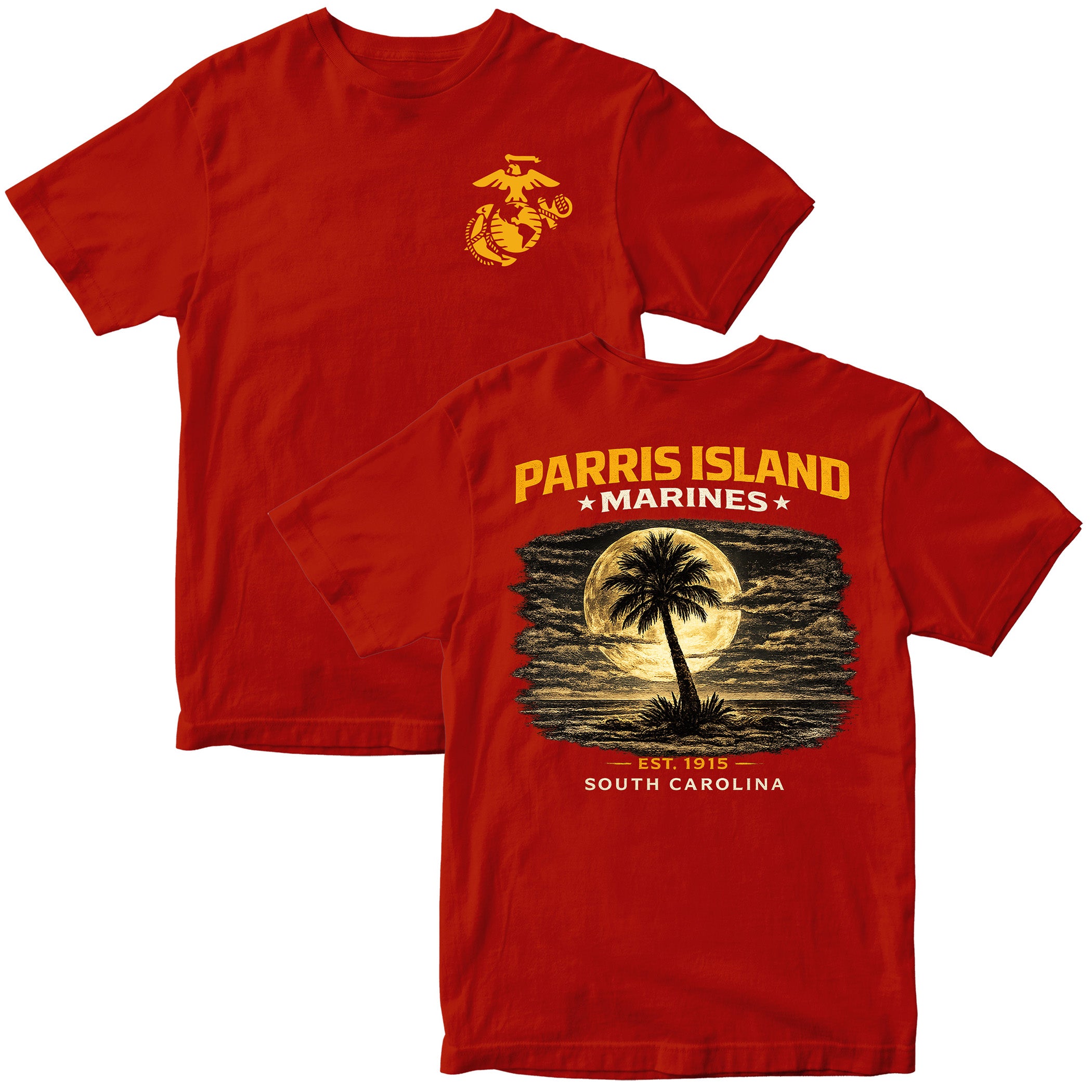 MCRD Parris Island Marines T-shirt with South Carolina graphic and Eagle Globe and Anchor. Red United States Marine Corps MCRD Parris Island Tee