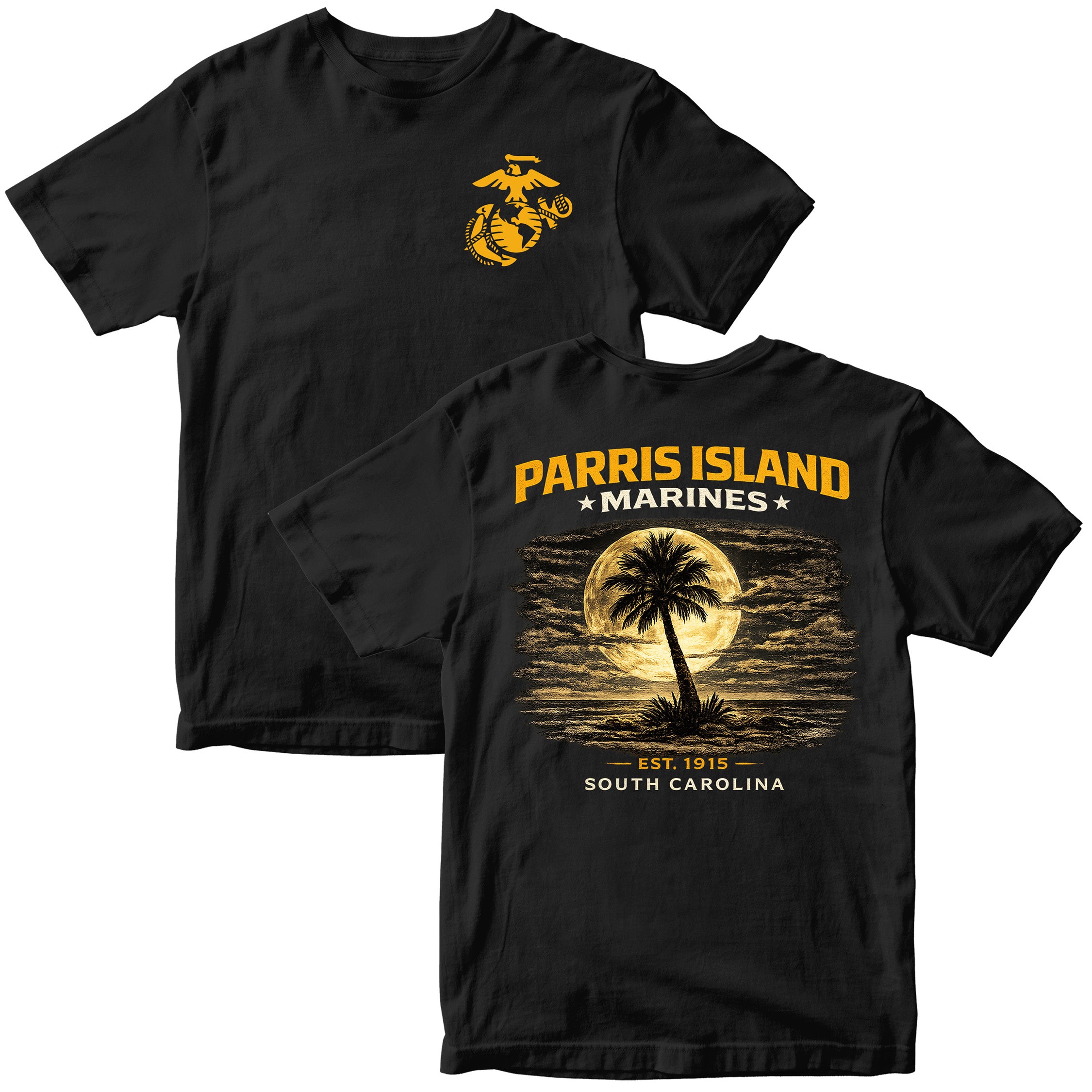 MCRD Parris Island Marines T-shirt with South Carolina graphic and Eagle Globe and Anchor. Black United States Marine Corps MCRD Parris Island Tee