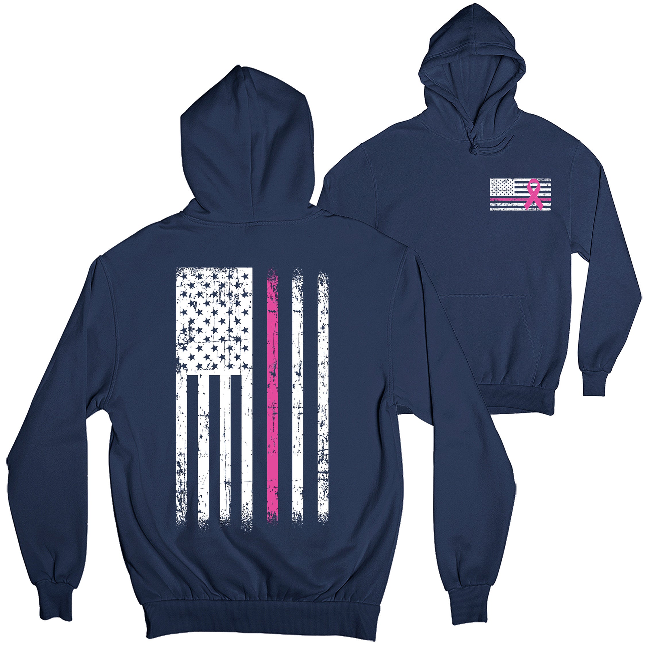 Navy Blue Cancer Awareness Hoodie. Patriotic Pink Cancer Flag Tee