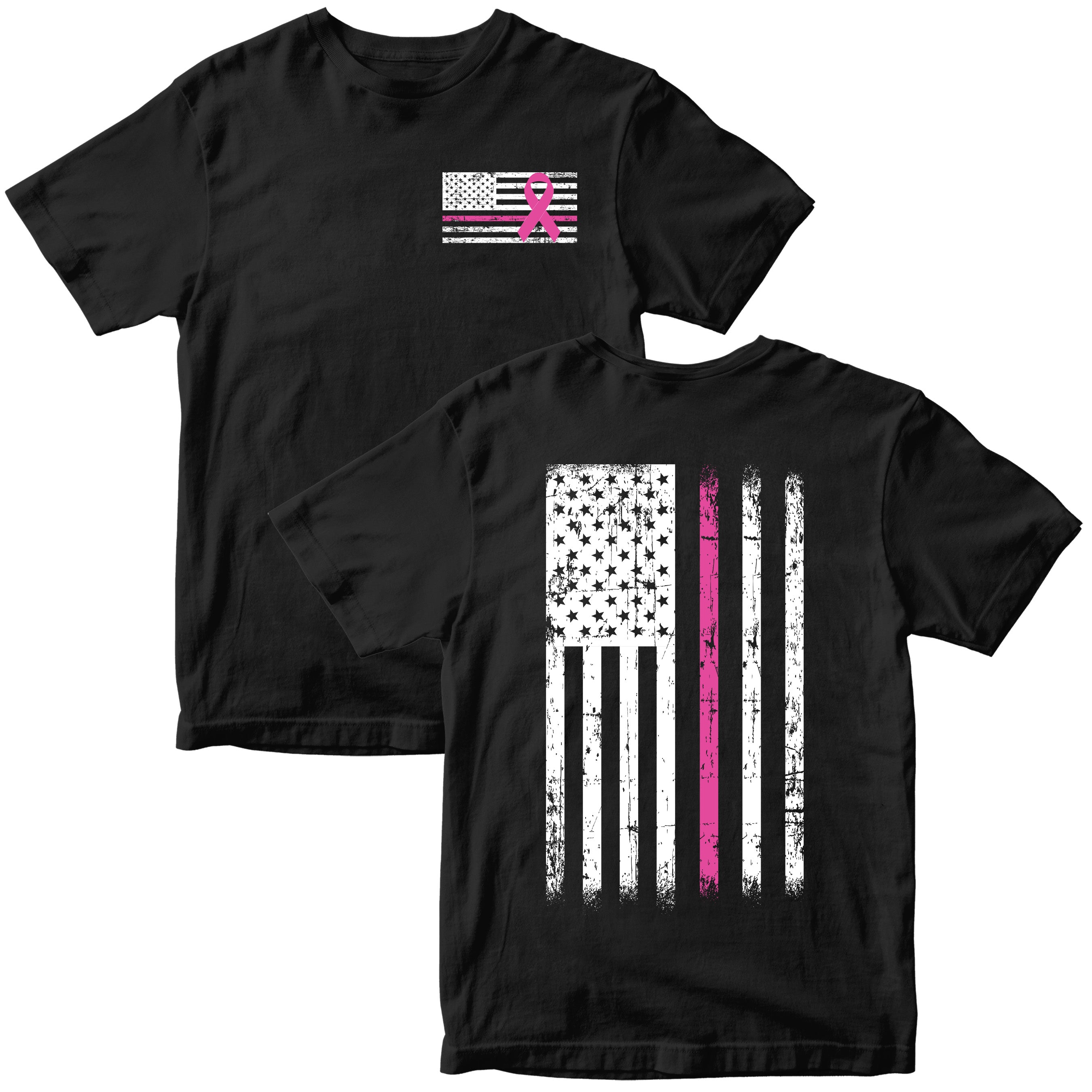 BLACK Cancer Awareness T-Shirt. Patriotic Pink Cancer Flag Tee