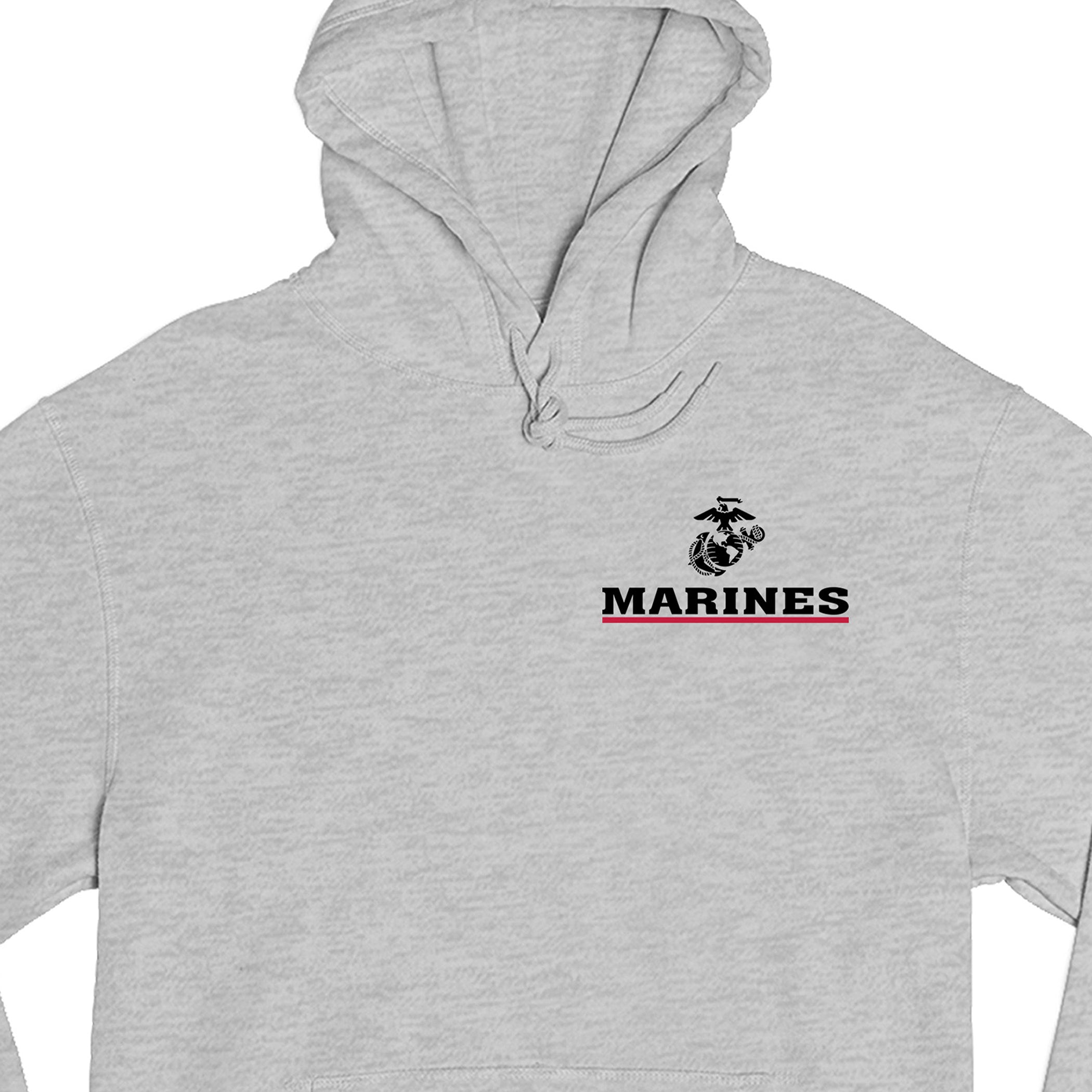 Gray USMC Hoodie with EGA chest seal emblem above bold 'MARINES' text and a red underline, minimalist Marine Corps design.