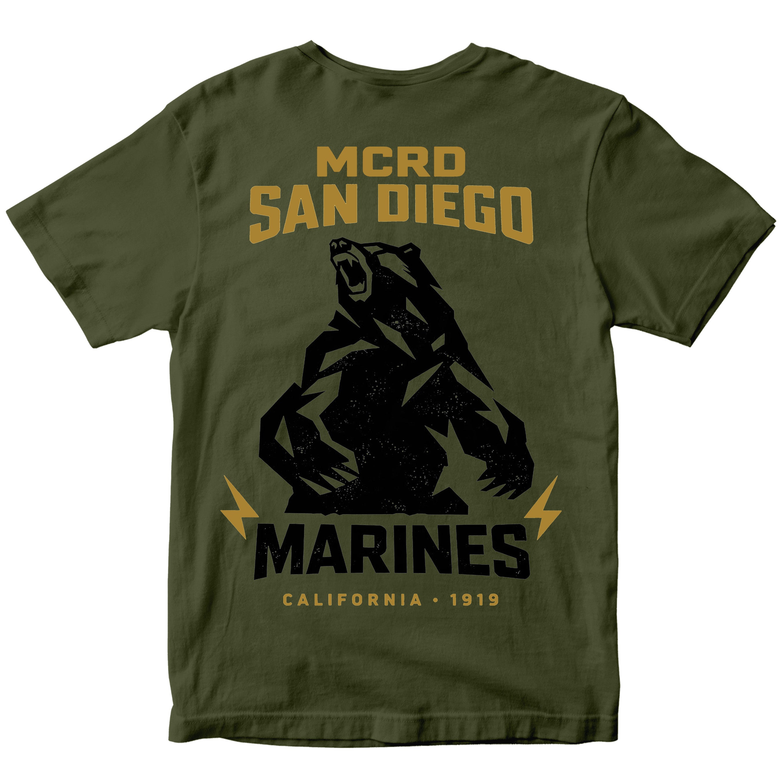 United States Marine Corps MCRD San Diego California bear T-shirt with Marine Corps emblem. Green MCRD San Diego Tee.