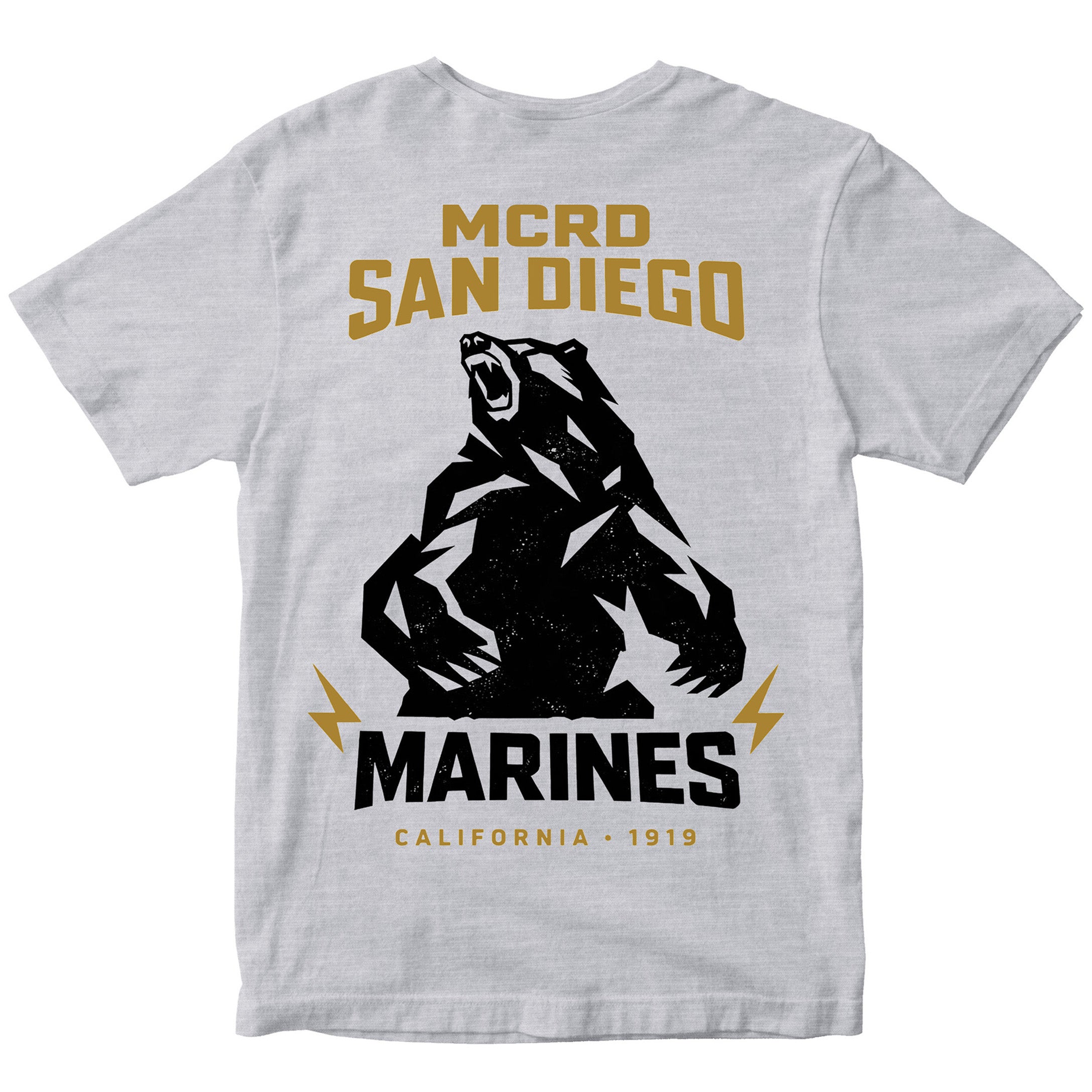 United States Marine Corps MCRD San Diego California bear T-shirt with Marine Corps emblem. Grey MCRD San Diego Tee.