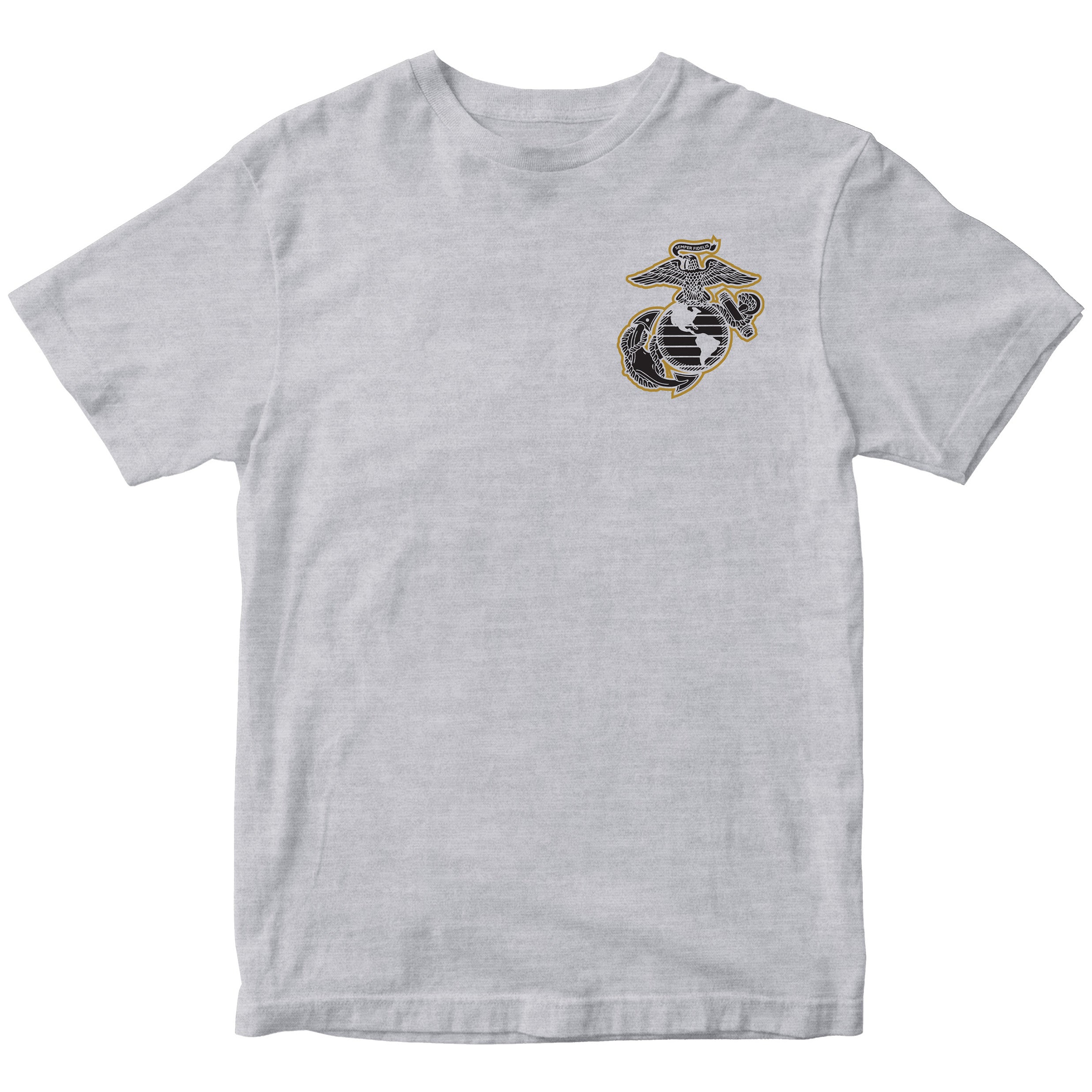 United States Marine Corps MCRD San Diego California bear T-shirt with Marine Corps emblem. Grey MCRD San Diego Tee.