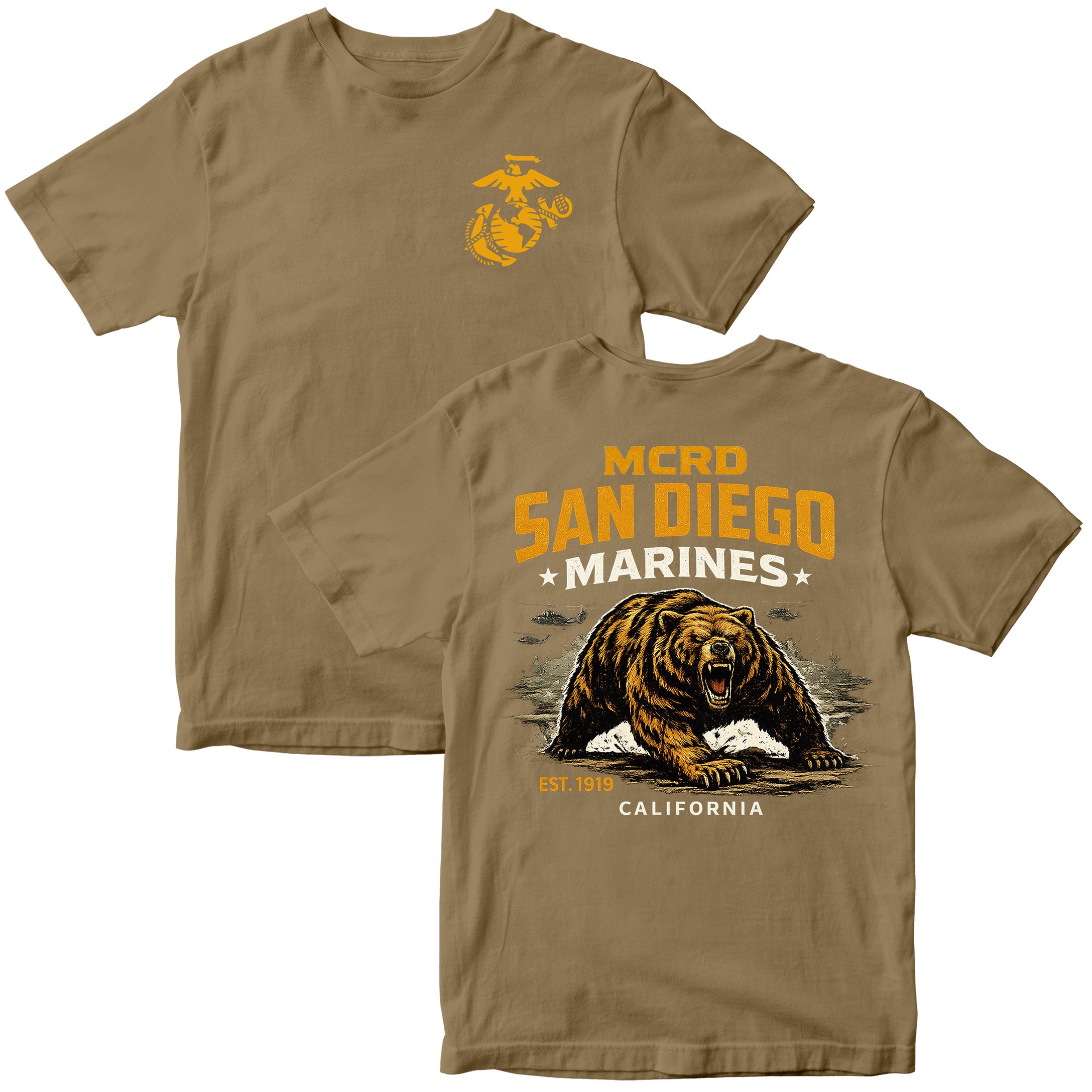 MCRD San Diego Marines T-shirt with bear graphic and Eagle Globe and Anchor. Brown United States Marine Corps MCRD San Diego Tee
