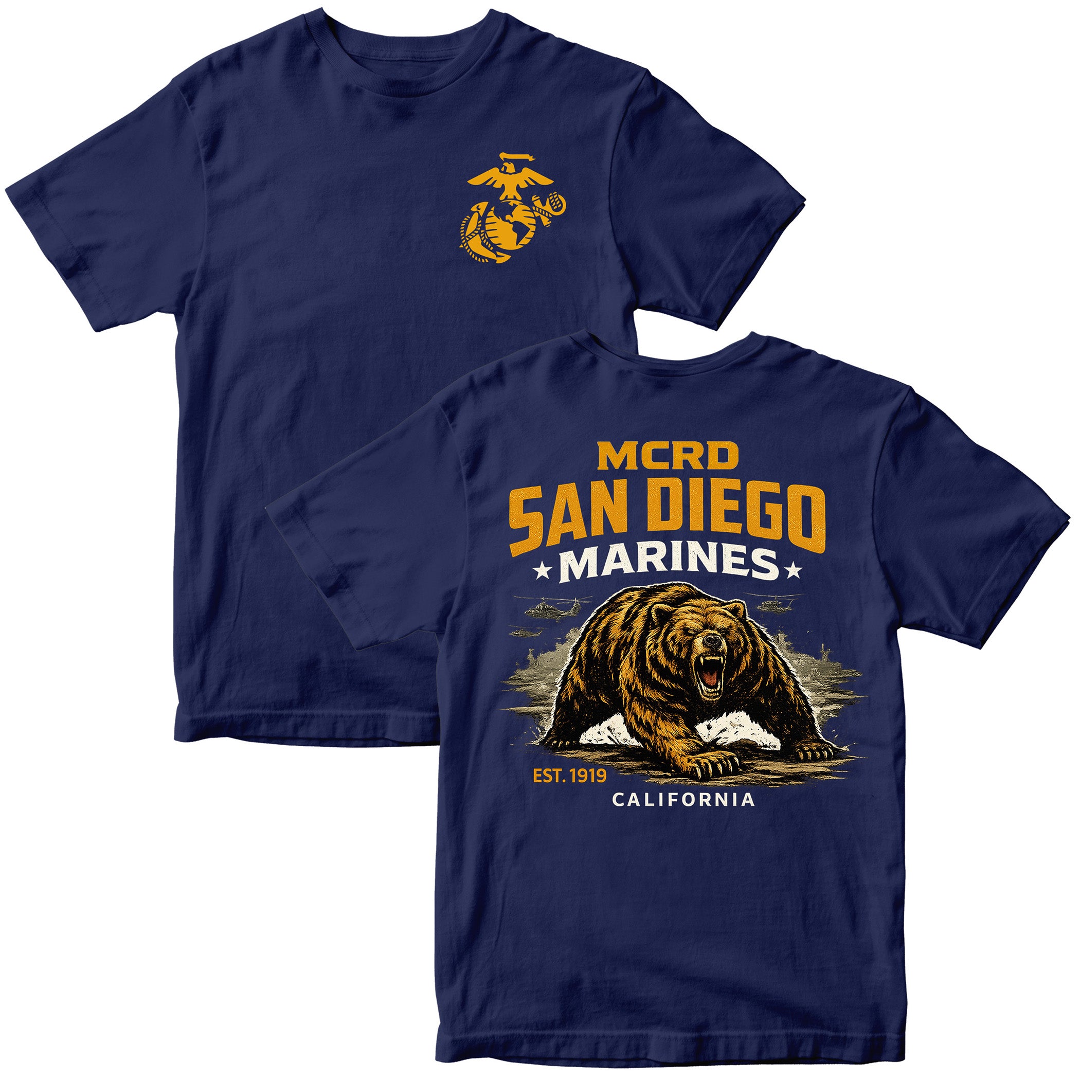 MCRD San Diego Marines T-shirt with bear graphic and Eagle Globe and Anchor. Navy United States Marine Corps MCRD San Diego Tee