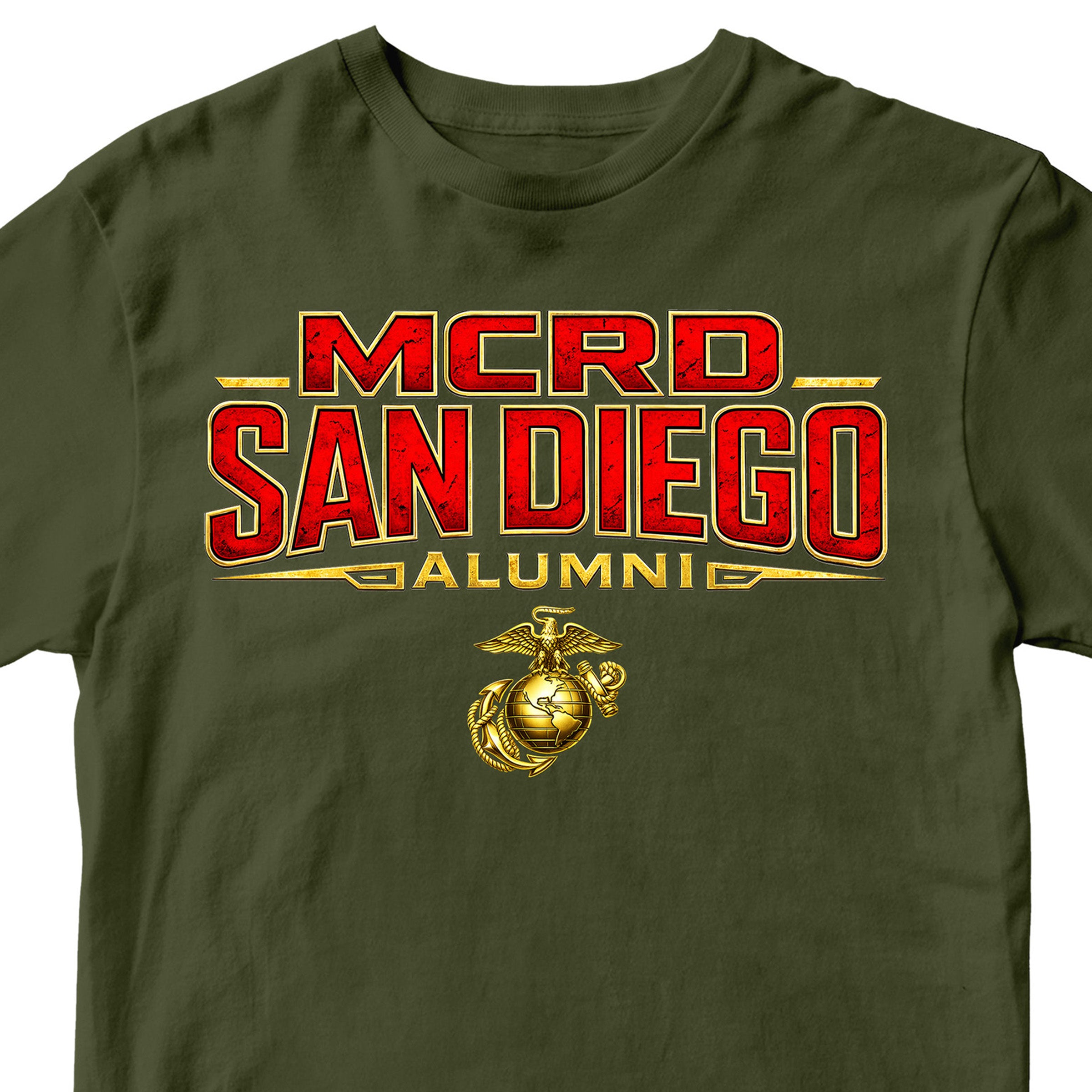 United States Marine Corps San Diego alumni shirt featuring EGA emblem. Green MCRD San Diego Tee.