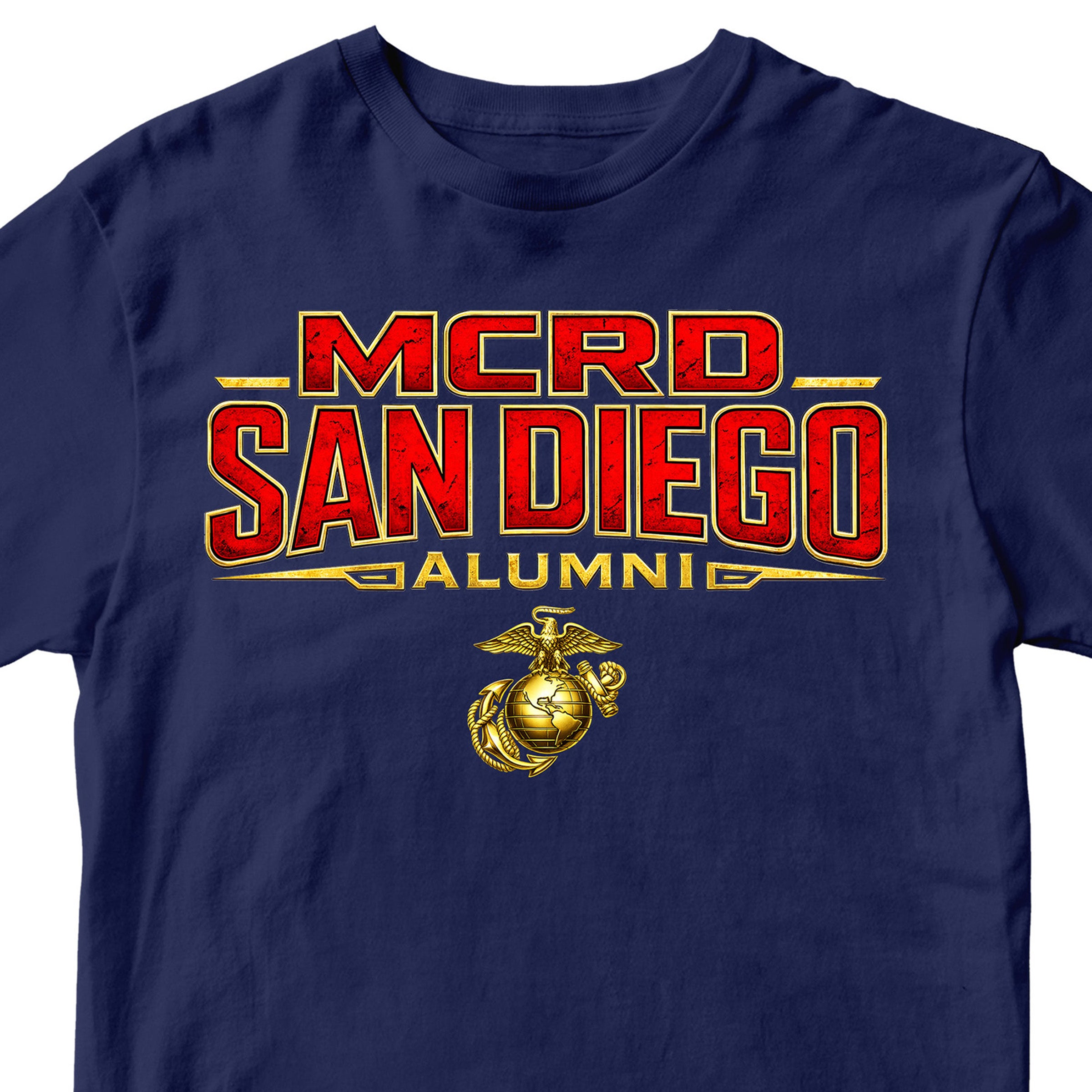 United States Marine Corps San Diego alumni shirt featuring EGA emblem. Navy Blue MCRD San Diego Tee.