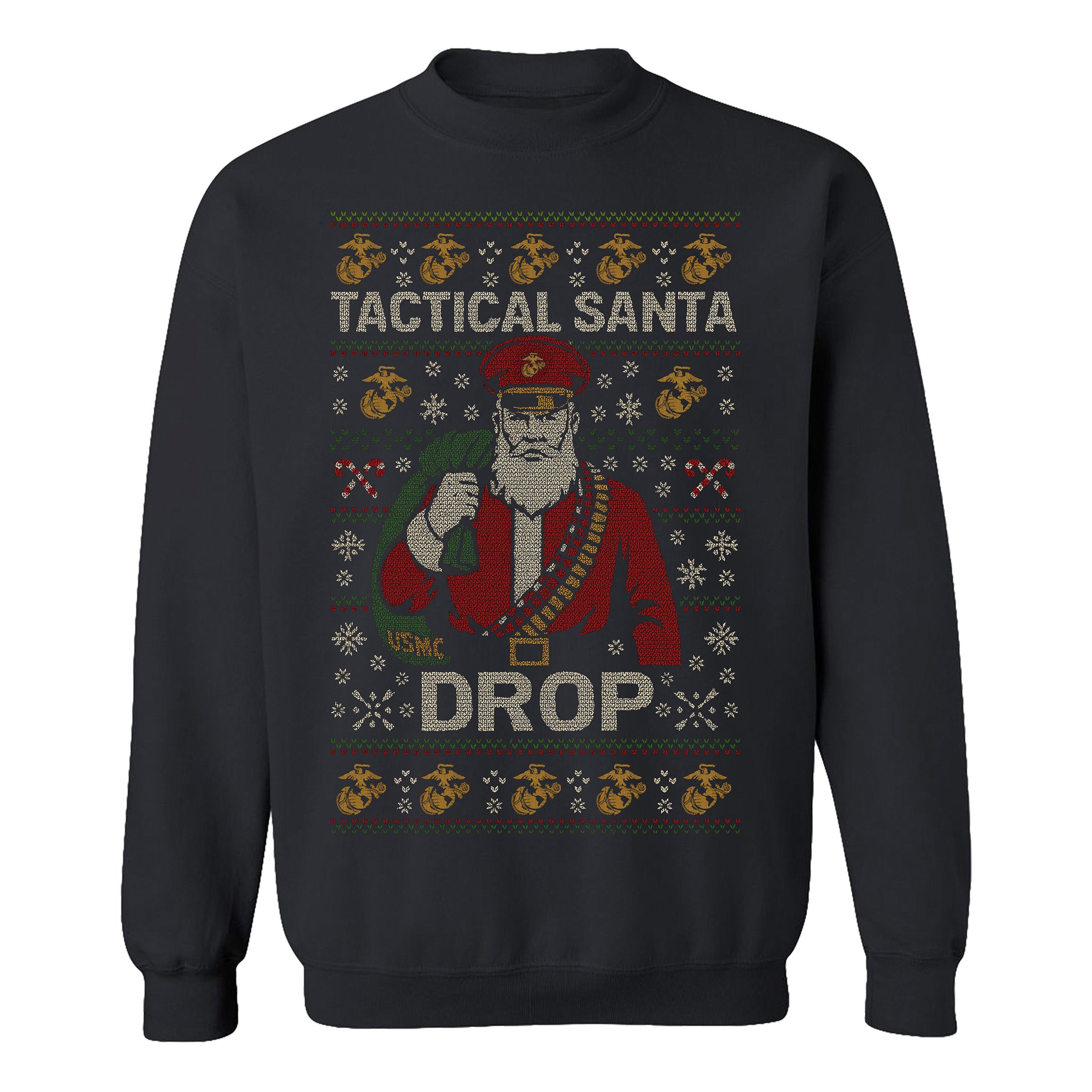 Black USMC Christmas sweatshirt featuring stitched-style Tactical Santa in red uniform with ammo belt, USMC seabag, snowflakes, candy cane patterns, and bold text ‘Tactical Santa Drop.’ Marines Christmas Sweatshirt