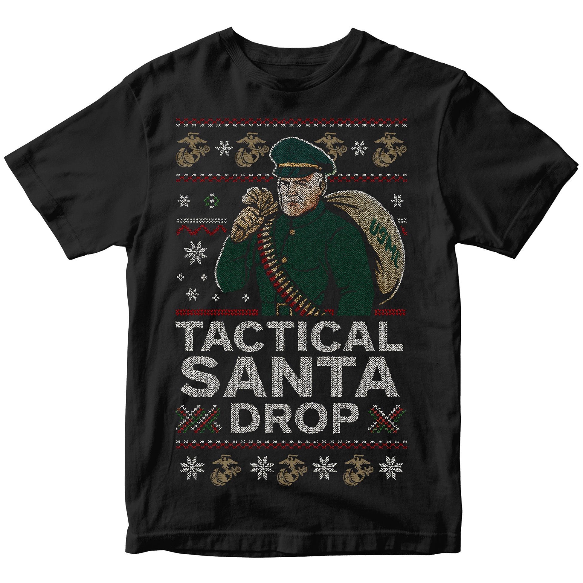 Black USMC Christmas T-shirt featuring a knitted-style Tactical Santa carrying a USMC seabag with ammo belt, surrounded by snowflakes, EGAs, and bold text ‘Tactical Santa Drop.’” Marines Christmas Tee