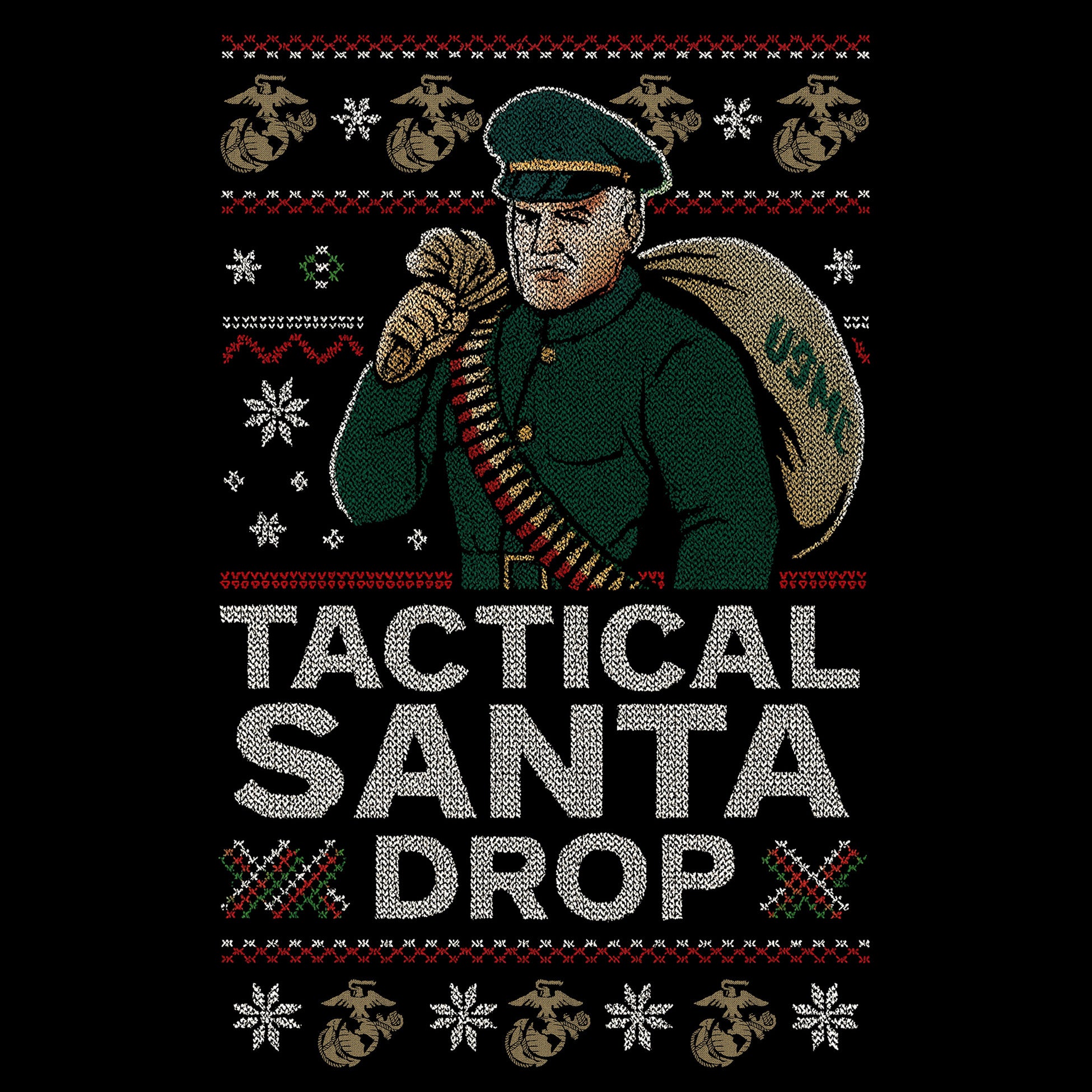 Black USMC Christmas T-shirt featuring a knitted-style Tactical Santa carrying a USMC seabag with ammo belt, surrounded by snowflakes, EGAs, and bold text ‘Tactical Santa Drop.’” Marines Christmas Tee
