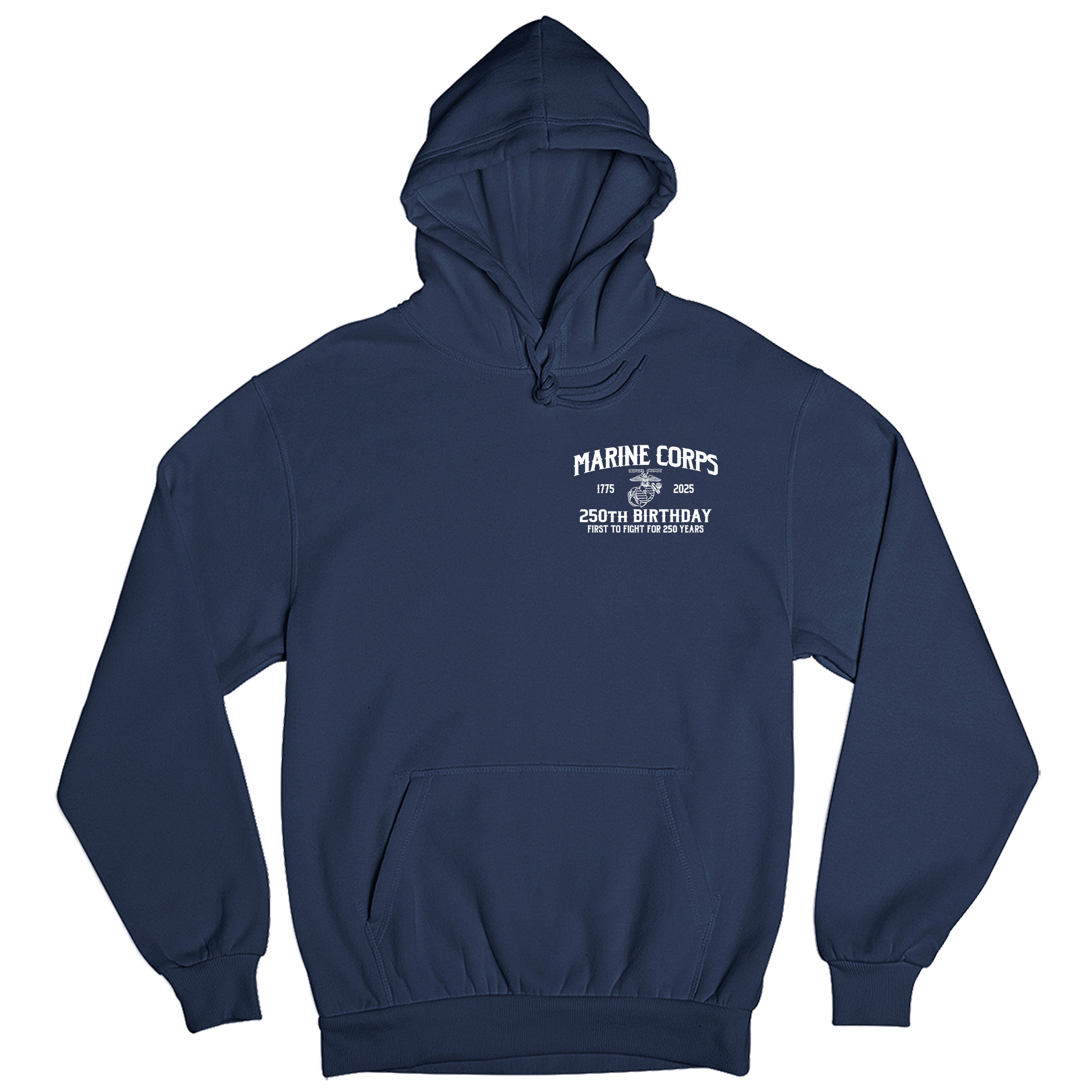 USMC 250th Birthday hoodie featuring front chest print with 'Marine Corps 1775–2025 250th Birthday'