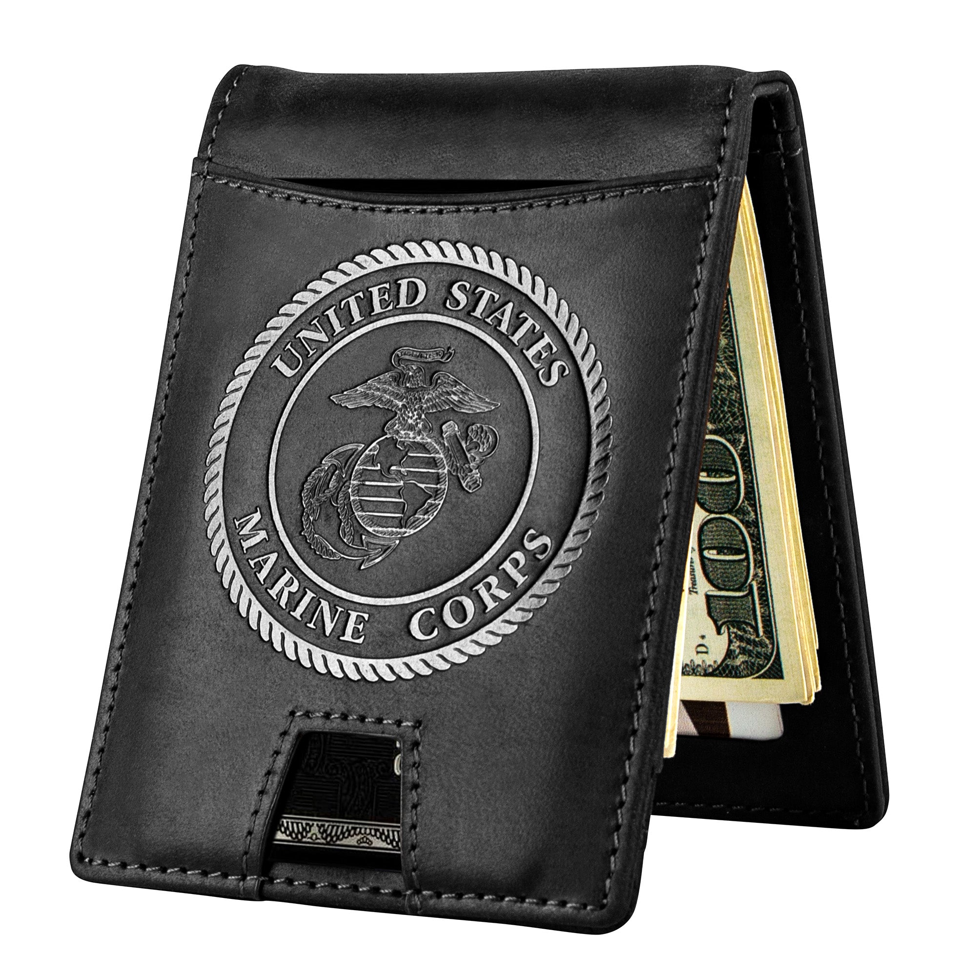 USMC Genuine Leather RFID Blocking Bi-Fold Wallet