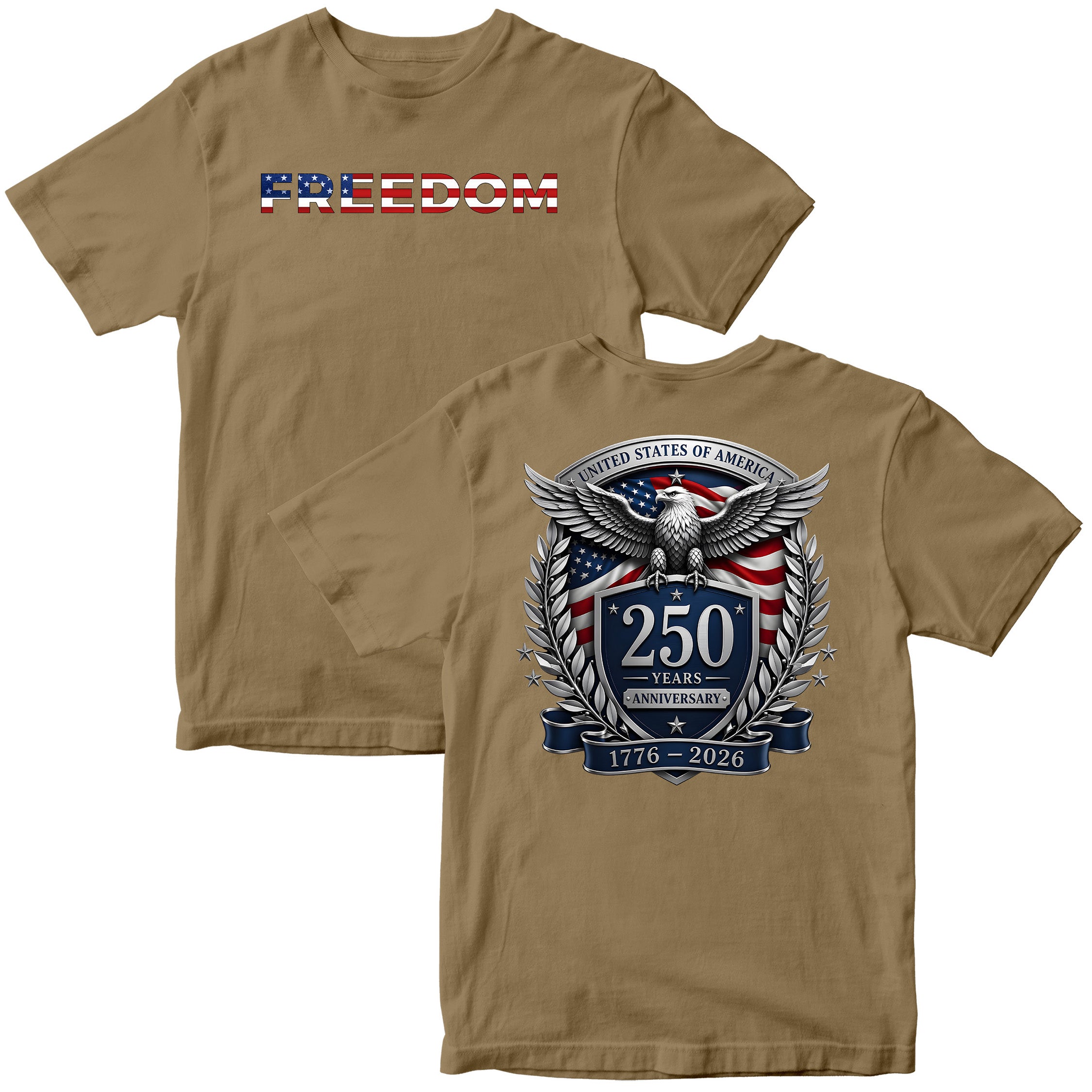 USA 250 years anniversary T-shirt with freedom eagle design and American flag back print. America's 250th birthday tee. USA 250 Years patriotic T-shirt.