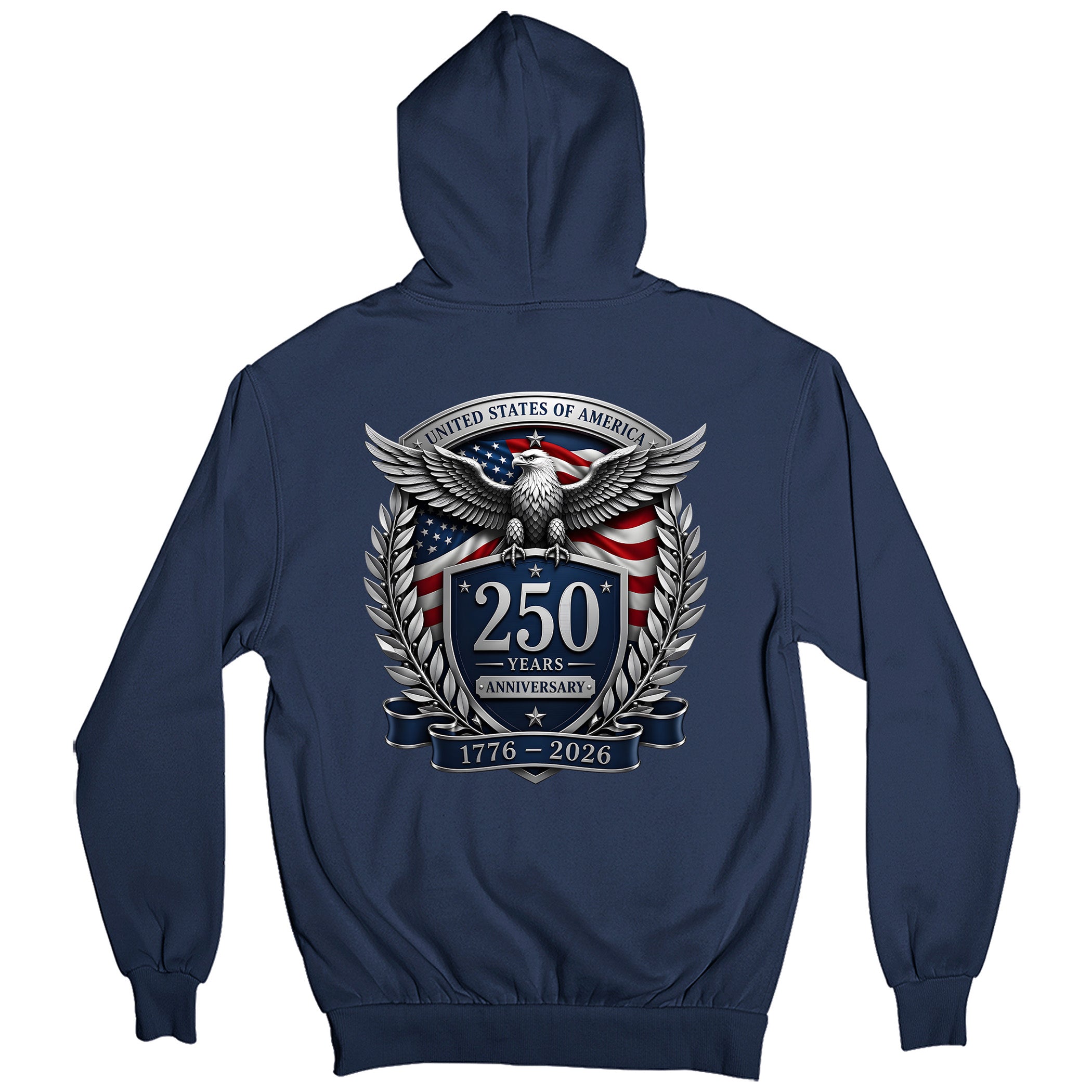 America's 250th birthday hoodie. USA 250 years anniversary hoodie with freedom eagle design and American flag back print. Navy Blue Patriotic Hoodie
