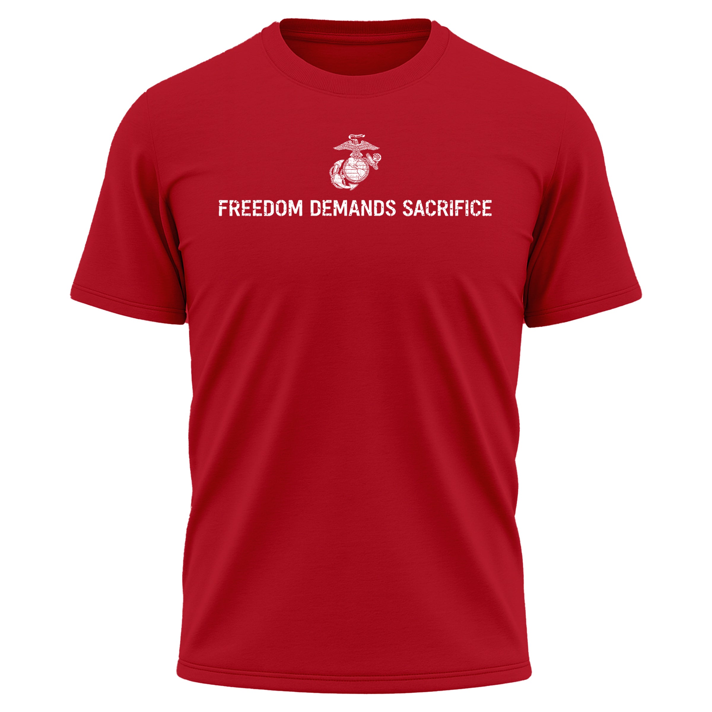 USMC 1 percent who serve performance Tee. USMC Red performance T-shirt with Freedom Demands Sacrifice front graphic
