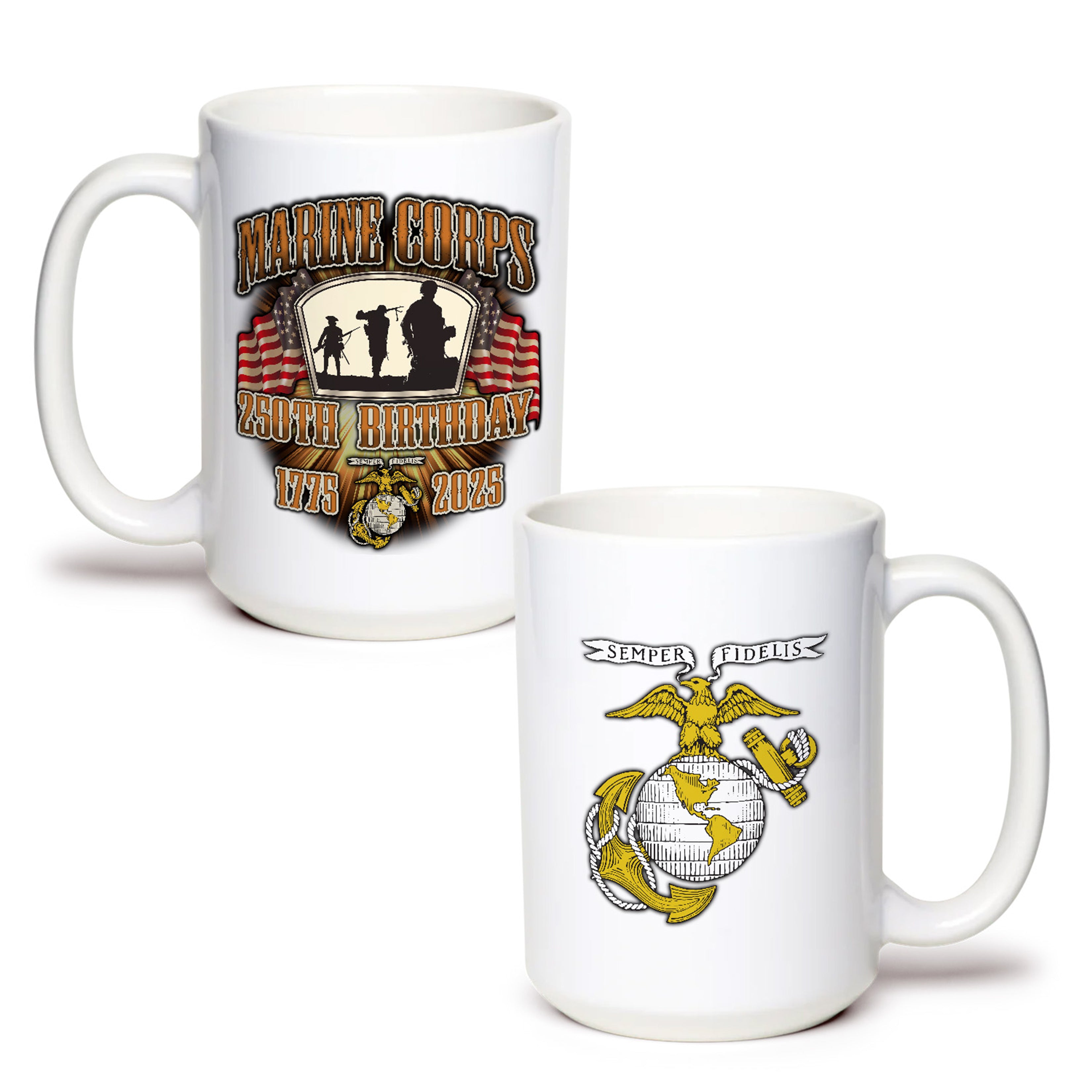 White ceramic mug featuring a distressed ‘Marine Corps 250th Birthday 1775–2025’ front design with three Marine silhouettes and American flags, and a gold Eagle, Globe & Anchor with ‘Semper Fidelis’ banner on the back.
