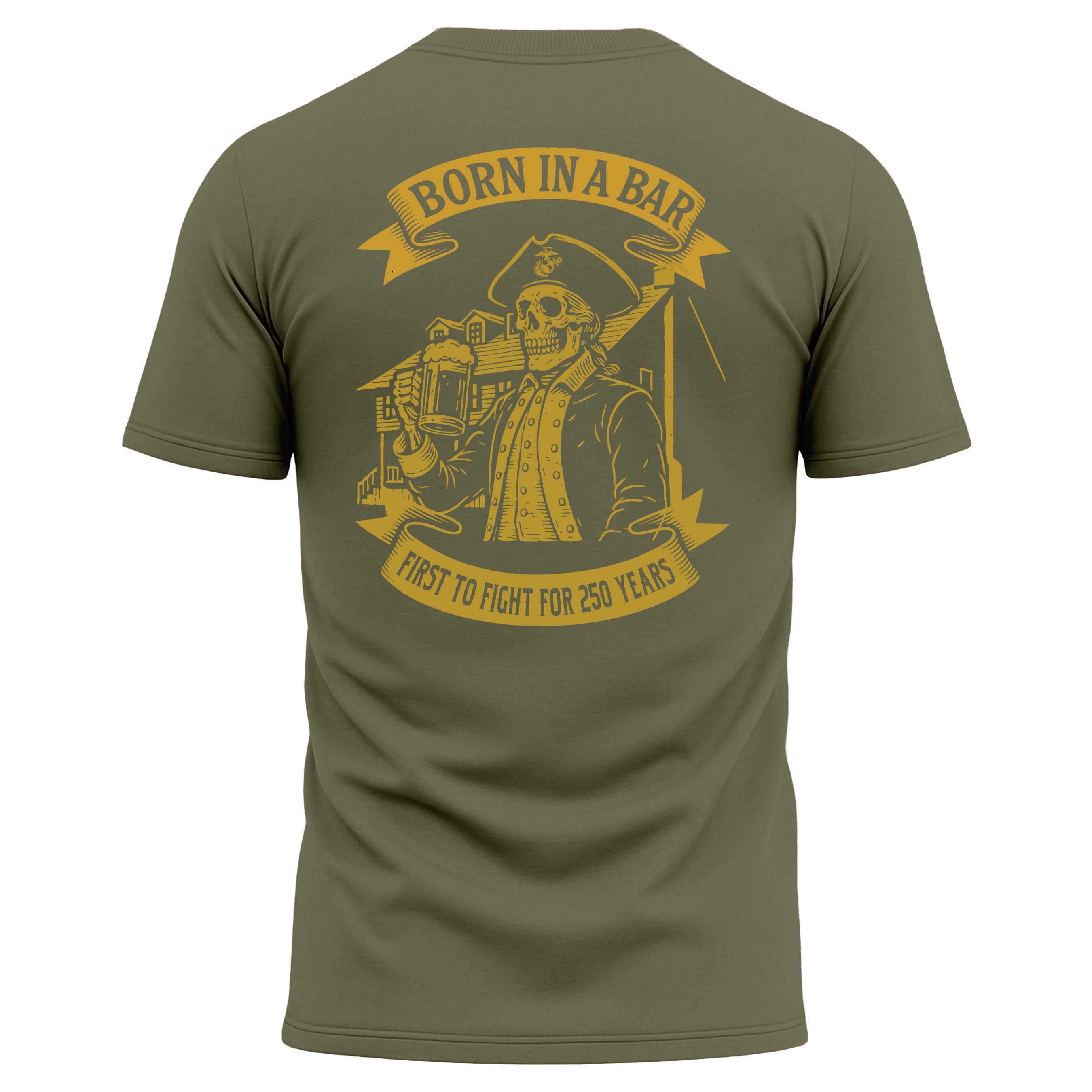 Marine Corps 250th Birthday Born in a Bar performance t-shirt. Featuring a front chest seal with Eagle, Globe, and Anchor and back graphic of skeleton Marine at Tun Tavern with Born in a Bar banner. USMC 250th Anniversary Tee