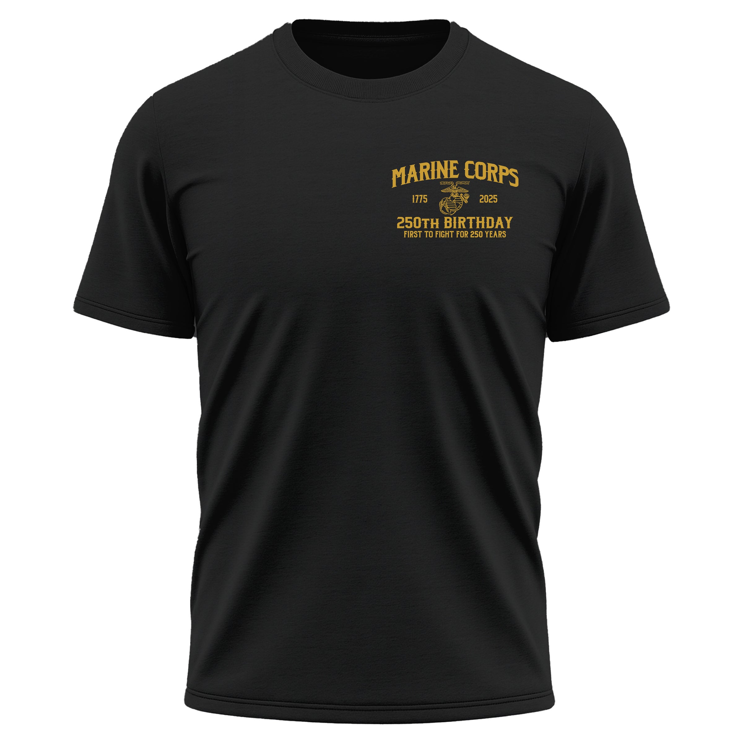 Marine Corps 250th Birthday Born in a Bar performance t-shirt. Featuring a front chest seal with Eagle, Globe, and Anchor and back graphic of skeleton Marine at Tun Tavern with Born in a Bar banner. USMC 250th Anniversary Tee