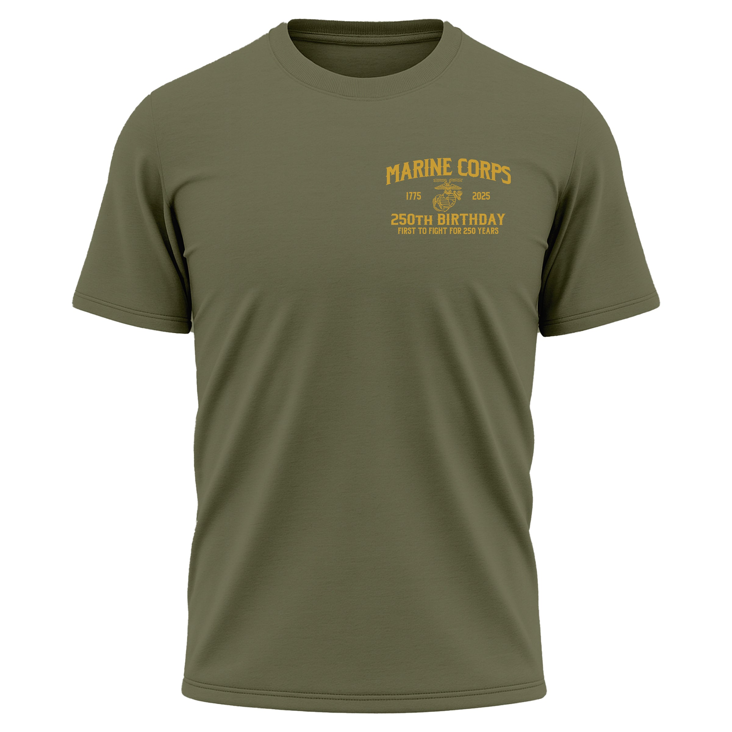 Marine Corps 250th Birthday Born in a Bar performance t-shirt. Featuring a front chest seal with Eagle, Globe, and Anchor and back graphic of skeleton Marine at Tun Tavern with Born in a Bar banner. USMC 250th Anniversary Tee