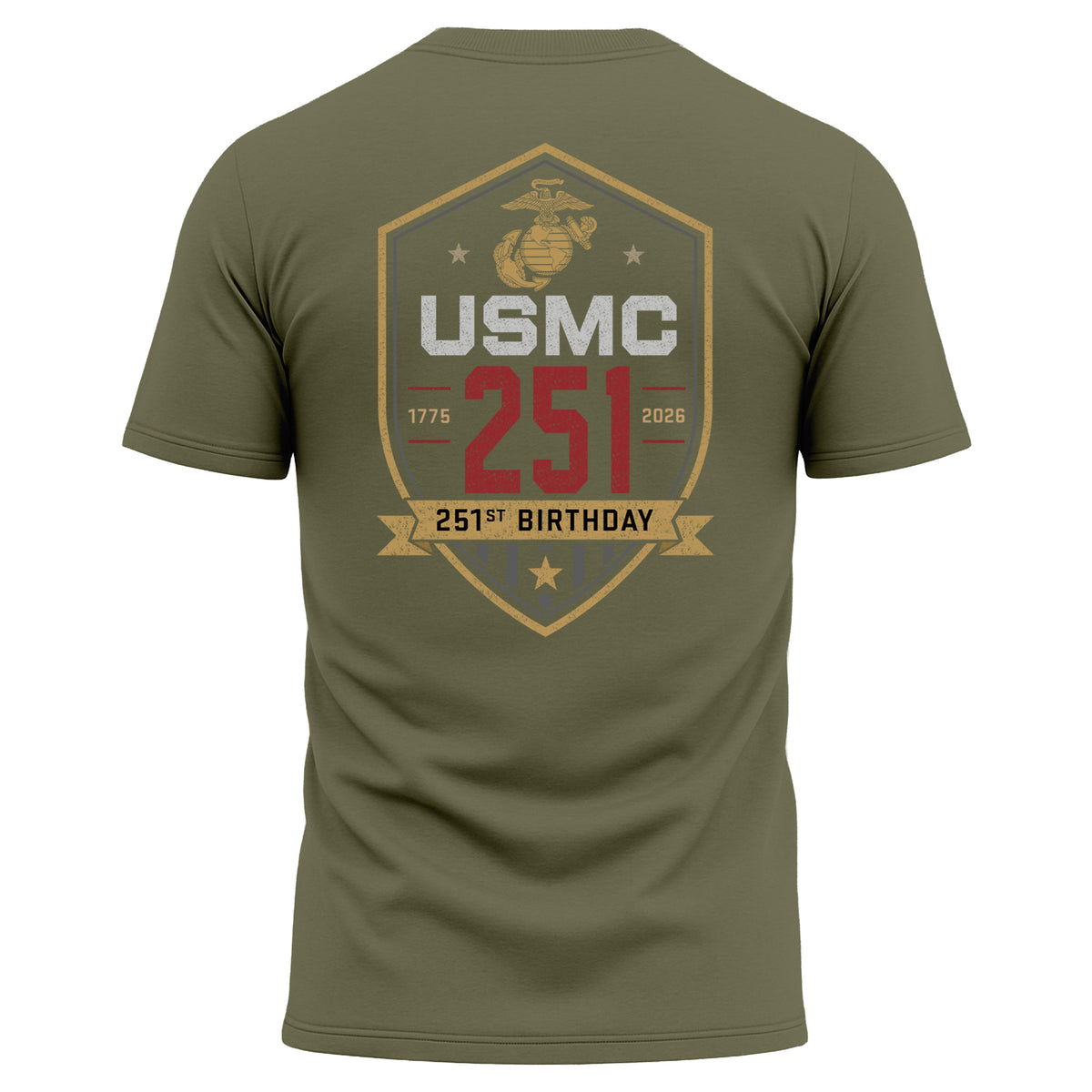 OD Green USMC 251st Birthday performance T-shirt 1775–2026 with shield back graphic