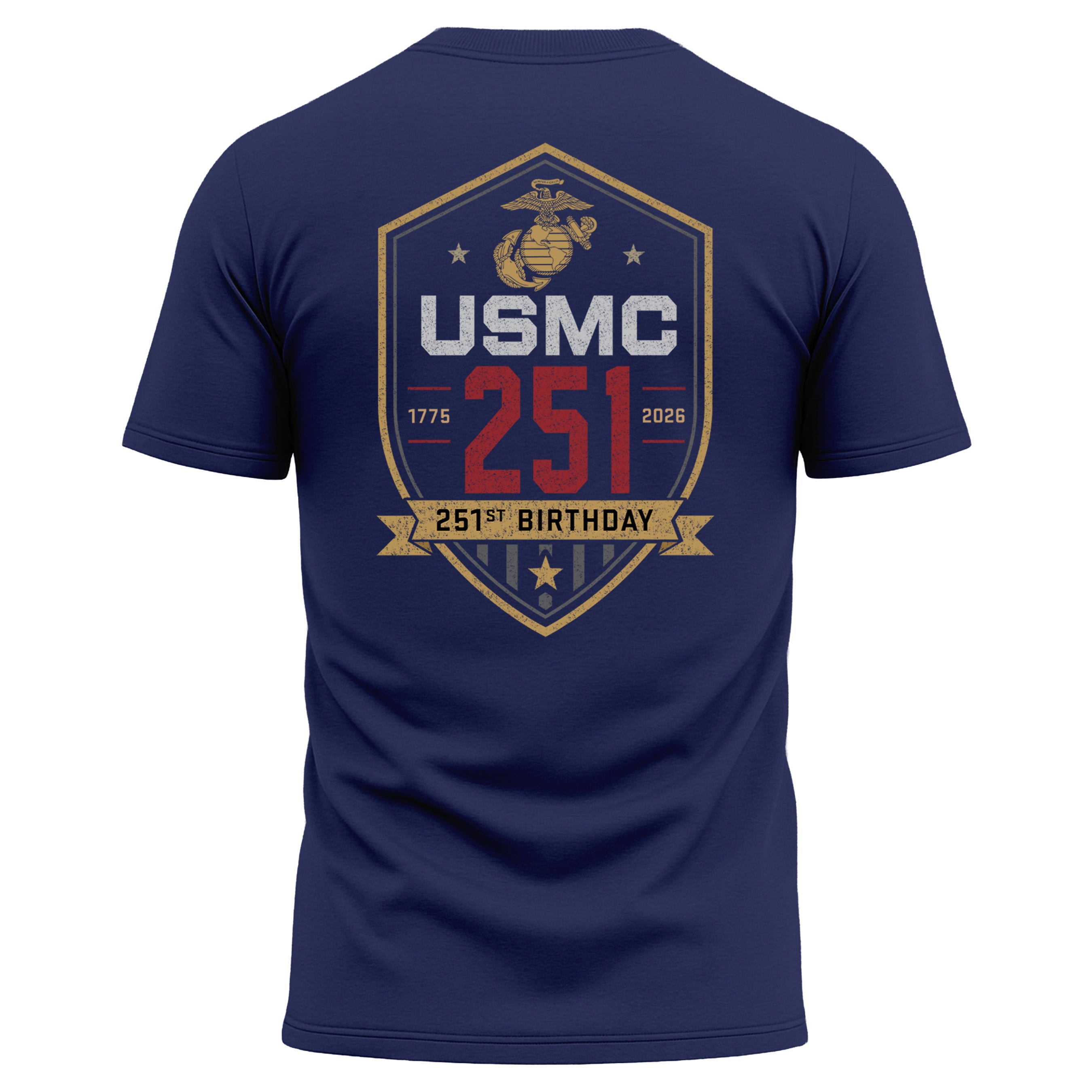 Navy USMC 251st Birthday performance T-shirt 1775–2026 with shield back graphic
