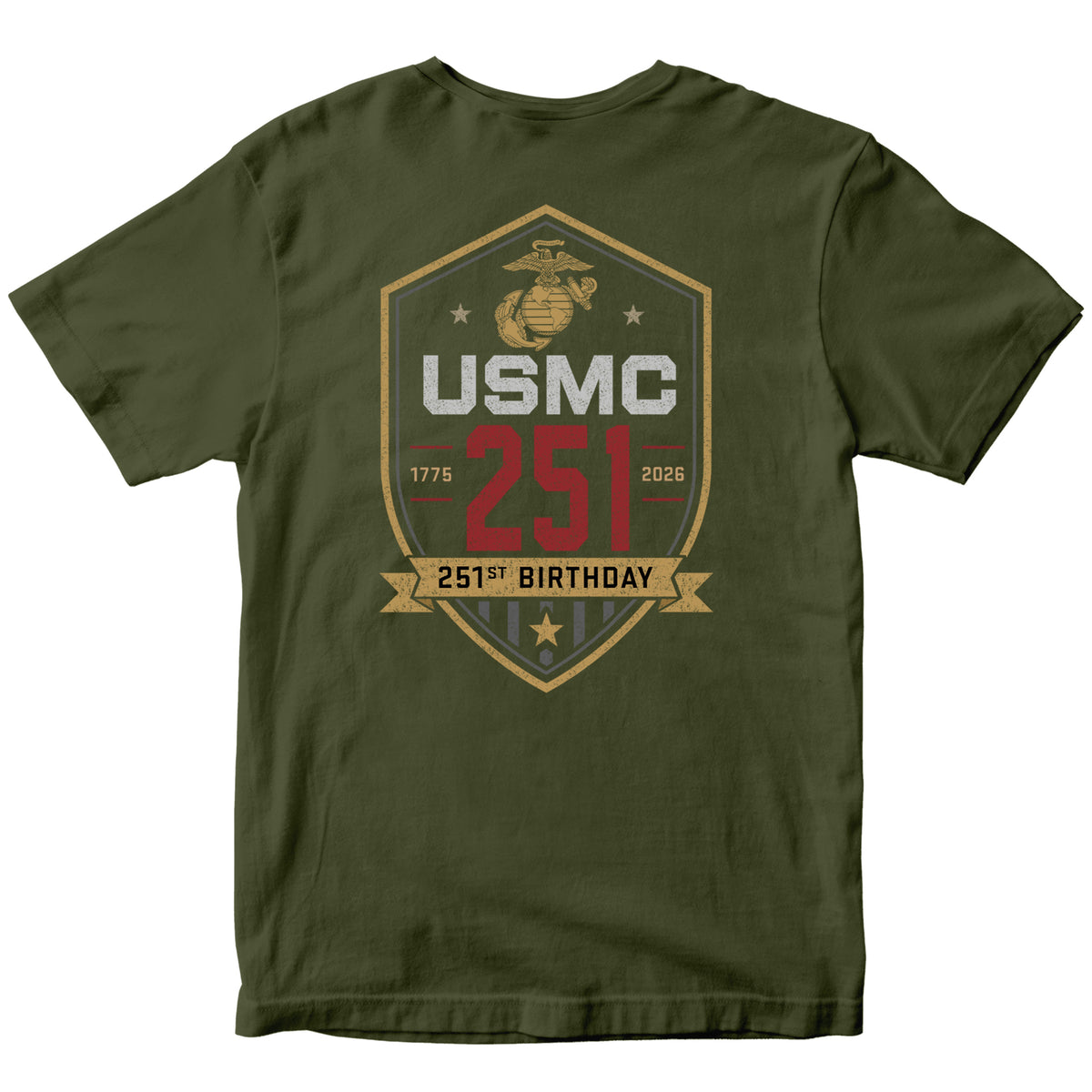 OD Green USMC 251st Birthday T-shirt 1775–2026 with shield back graphic
