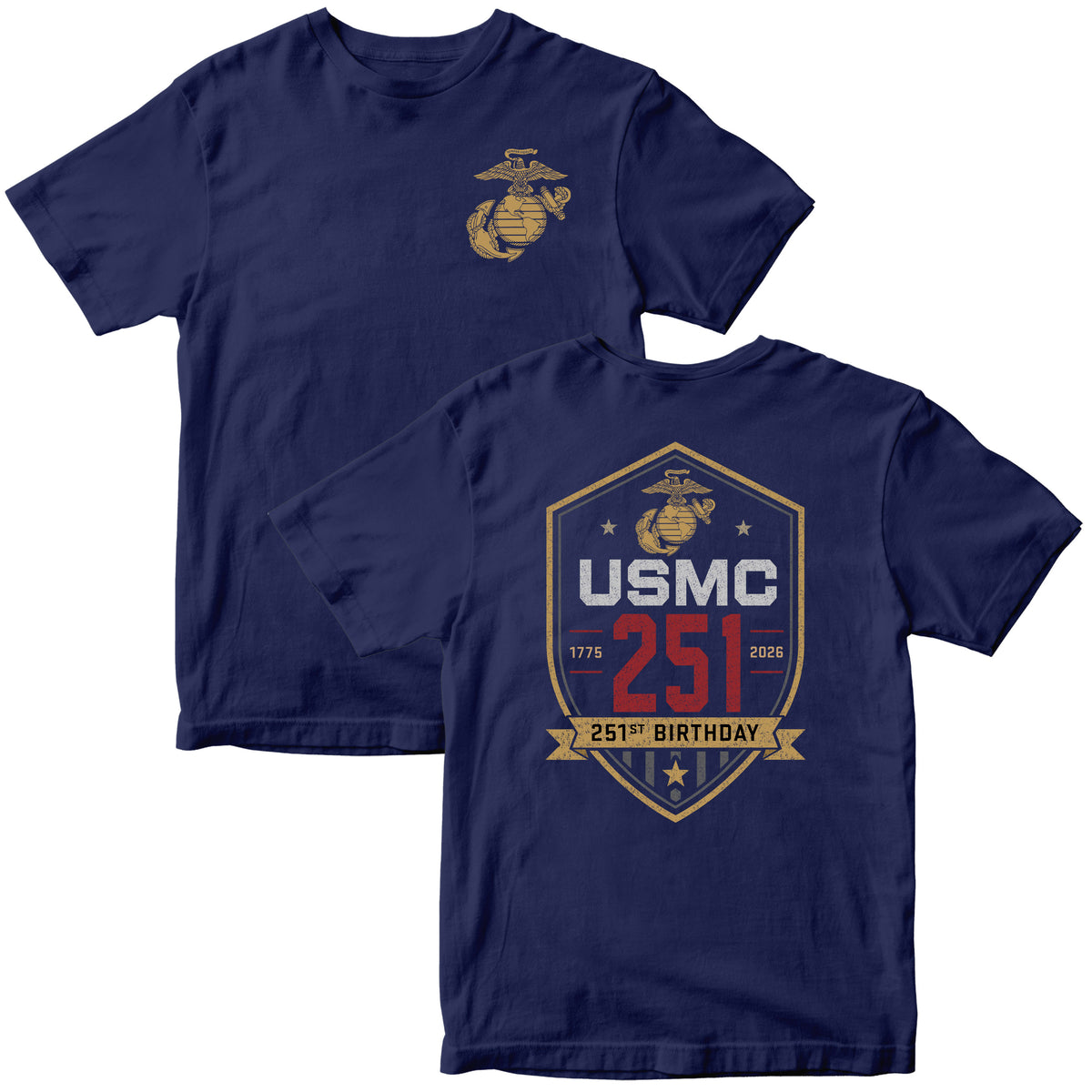 Navy USMC 251st Birthday T-shirt 1775–2026 with shield back graphic and Eagle Globe and Anchor chest design