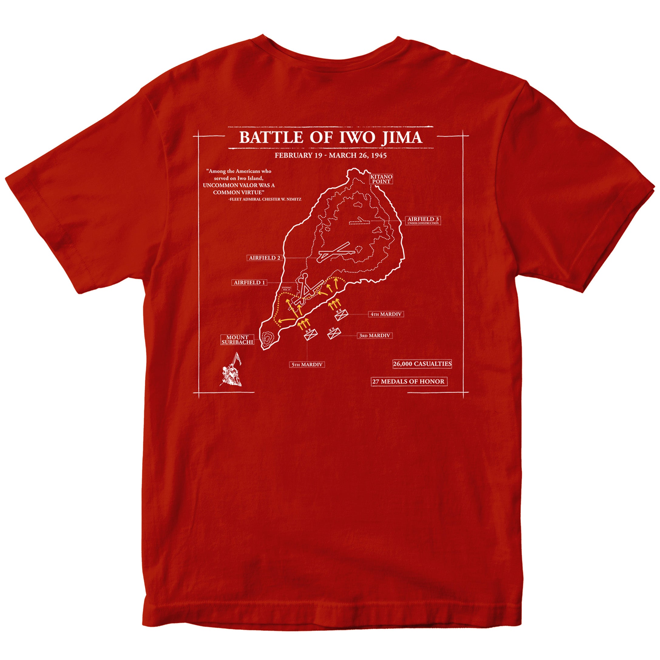 Red Marine Corps Iwo Jima tactical map T-shirt showing 1945 battle layout. USMC Iwo Jima Tee