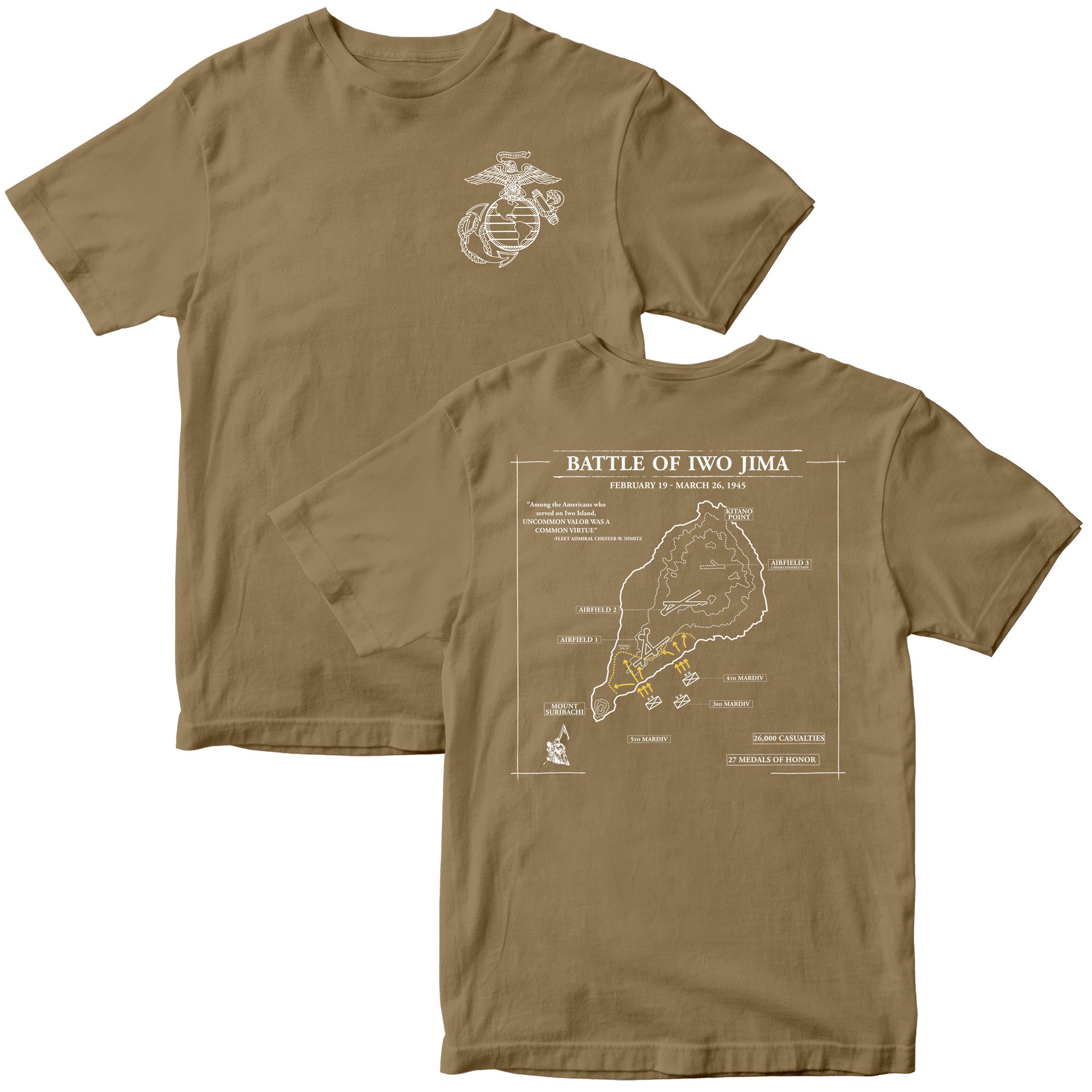 Khaki Marine Corps Iwo Jima tactical map T-shirt showing 1945 battle layout. USMC Iwo Jima Tee