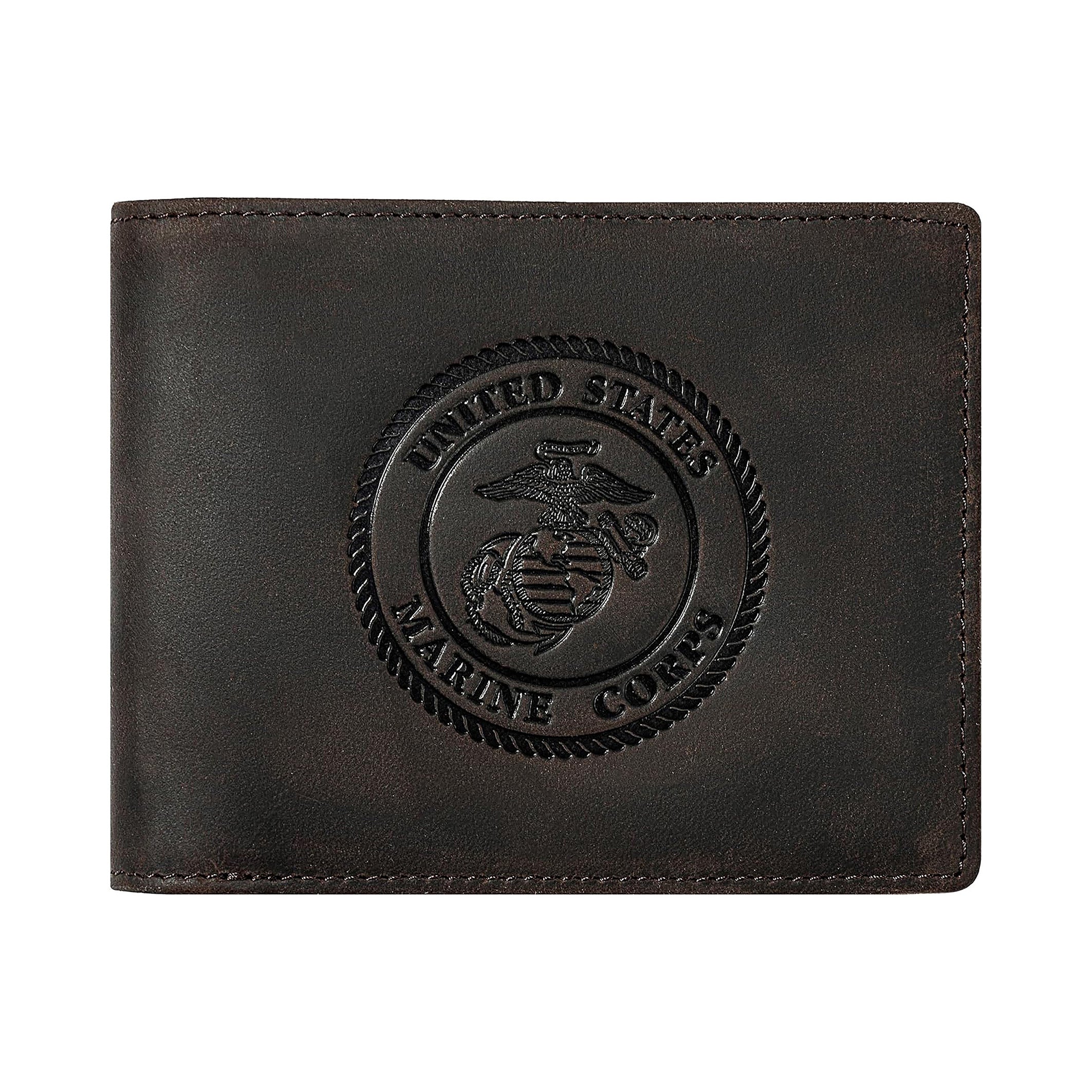 Dark brown leather USMC bifold wallet with embossed Eagle, Globe, and Anchor Marine Corps emblem.