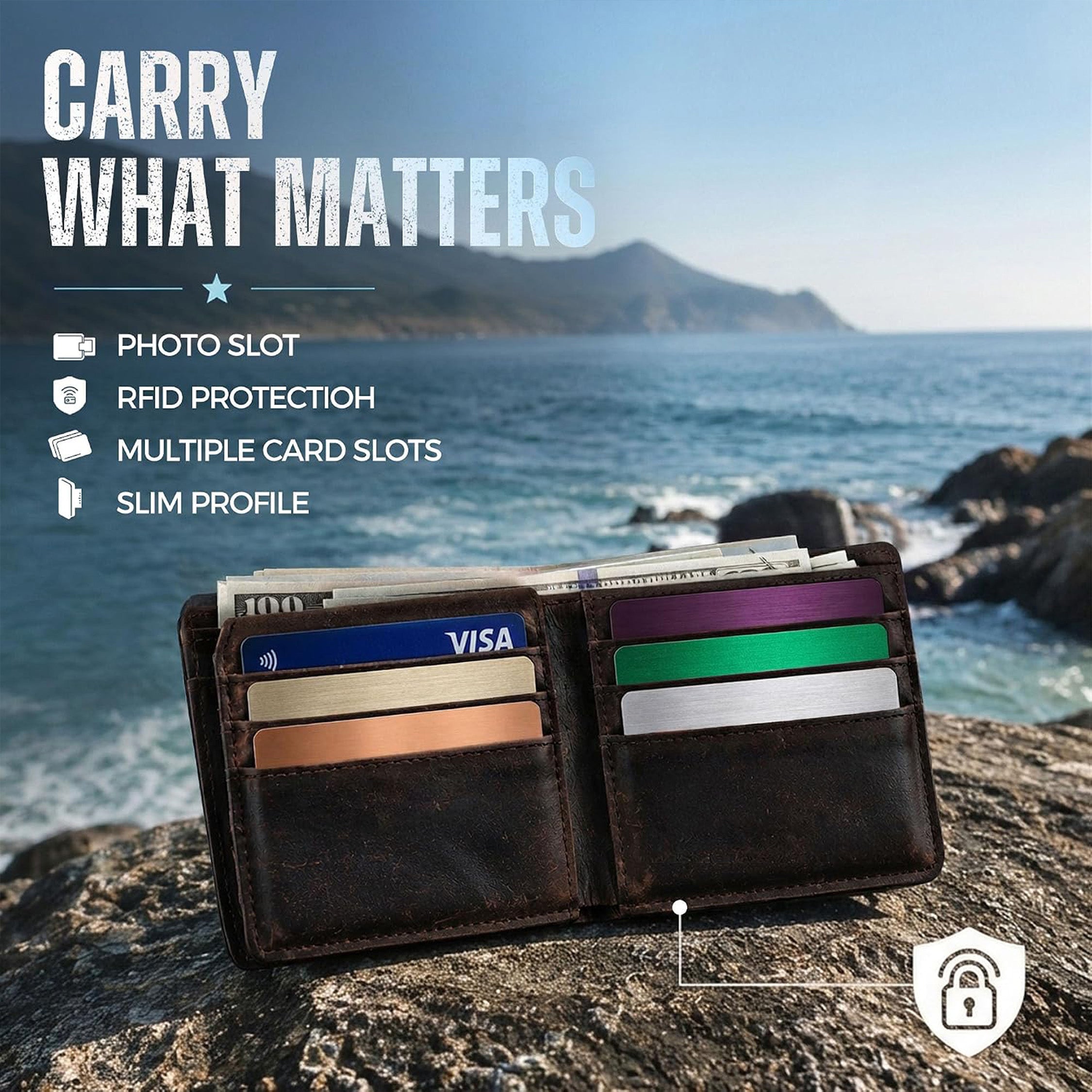 A dark brown leather bi-fold wallet shown open on a rocky beach, with cards and cash inside. Large text on the left reads 'CARRY WHAT MATTERS' with feature icons for photo slot, RFID protection, multiple card slots, and slim profile.