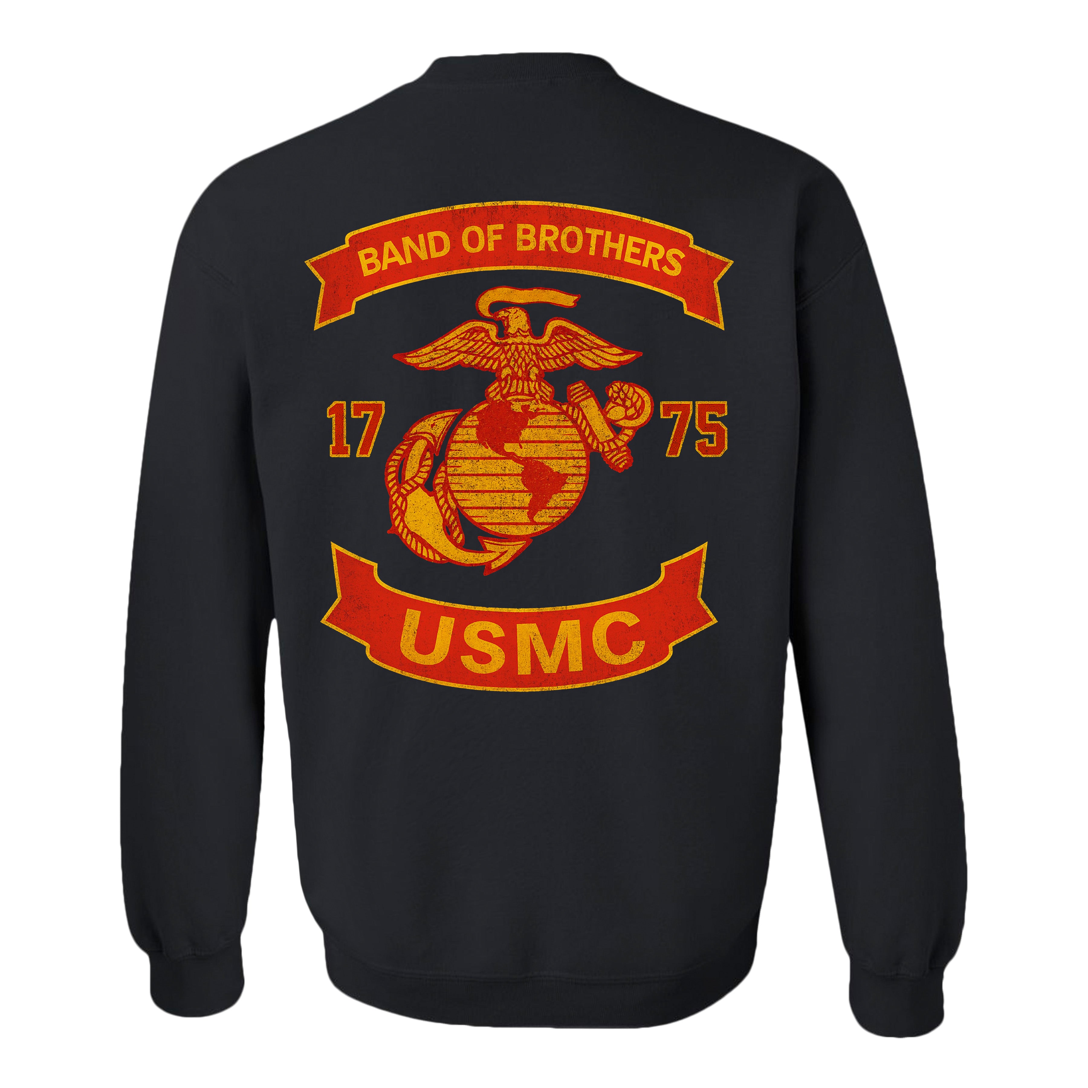 Black USMC Sweatshirt with large motorcycle club–style back graphic reading ‘Band of Brothers,’ ‘1775,’ and ‘USMC. Marines Motorcycle Sweatshirt