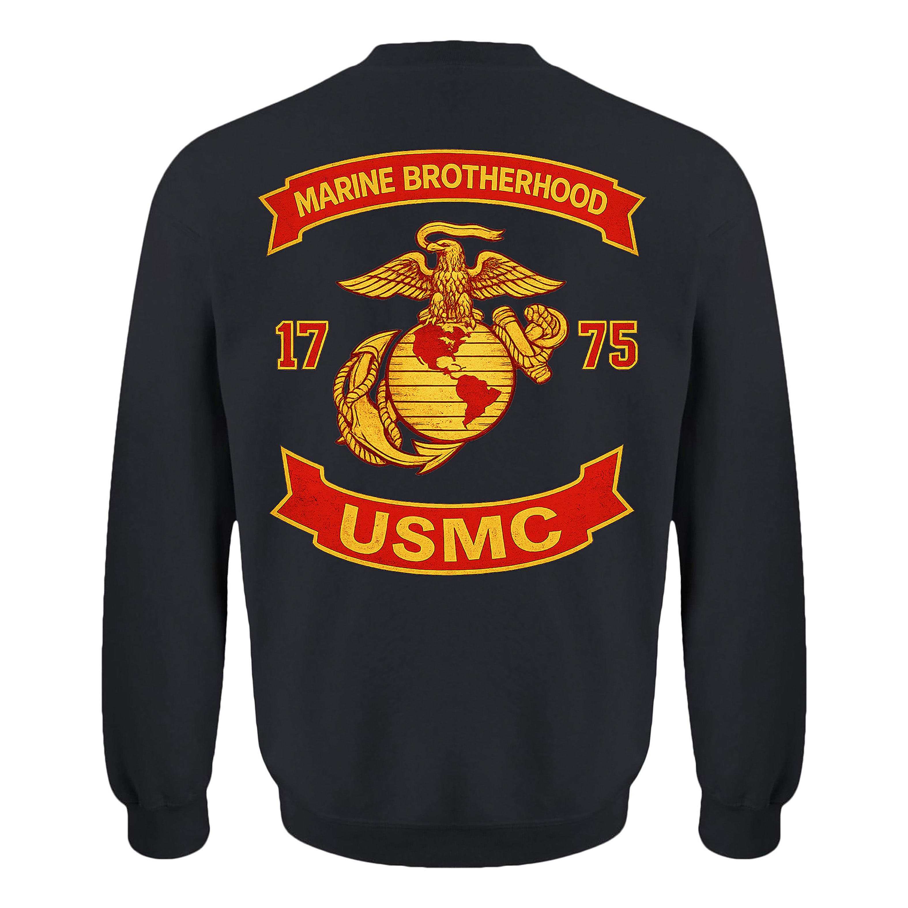 Black USMC sweatshirt with large motorcycle club–style back graphic reading ‘Marine Brotherhood,’ ‘1775,’ and ‘USMC. Marines Motorcycle sweatshirt