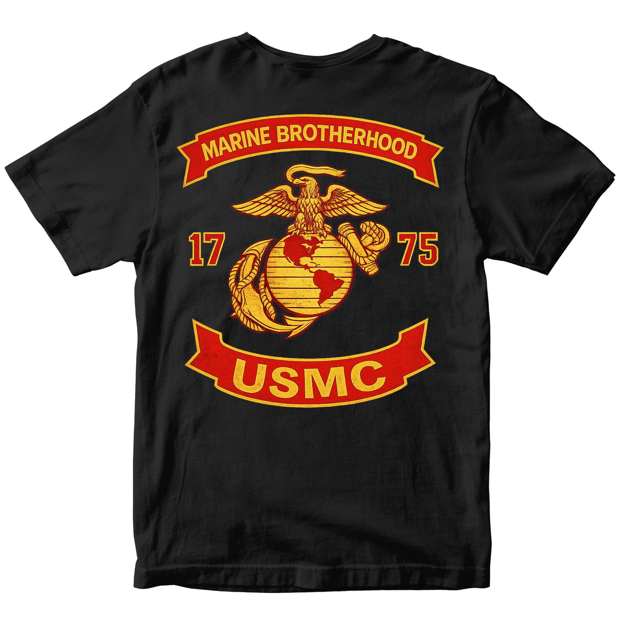 Black USMC T-shirt with large motorcycle club–style back graphic reading ‘Marine Brotherhood,’ ‘1775,’ and ‘USMC. Marines Motorcycle Tee