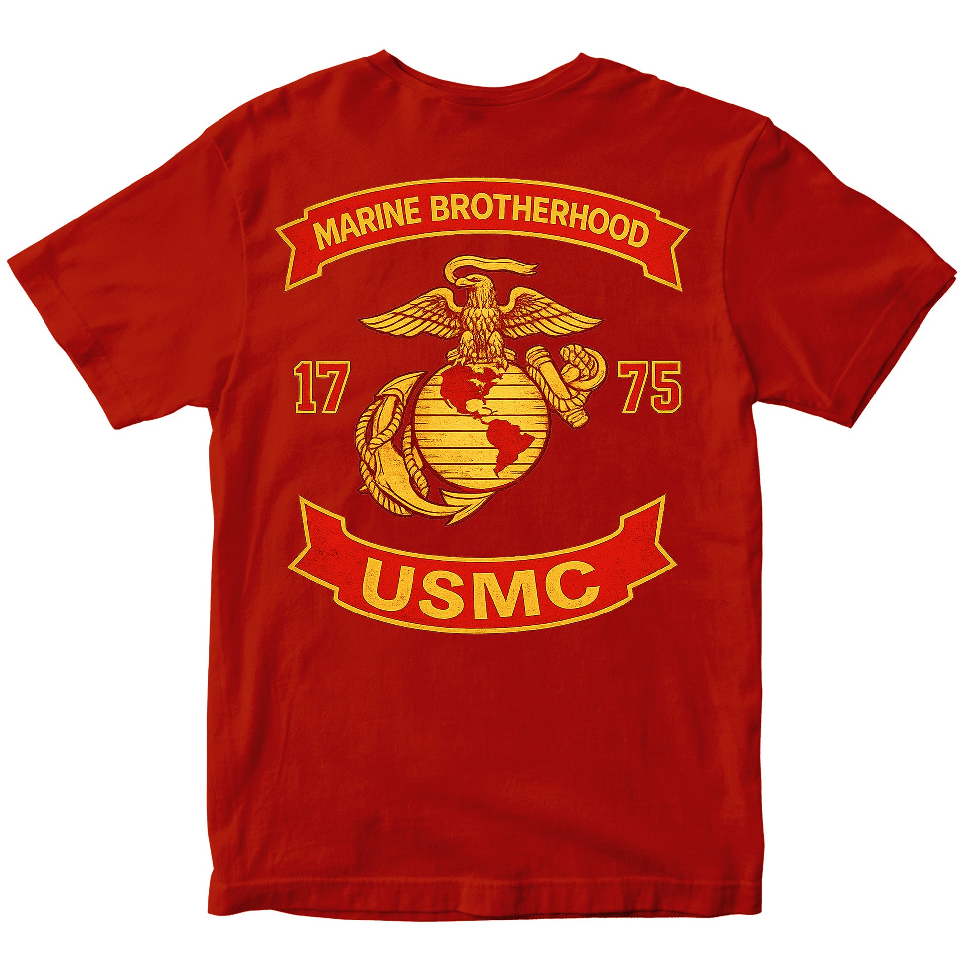 Red USMC T-shirt with large motorcycle club–style back graphic reading ‘Marine Brotherhood,’ ‘1775,’ and ‘USMC. Marines Motorcycle Tee