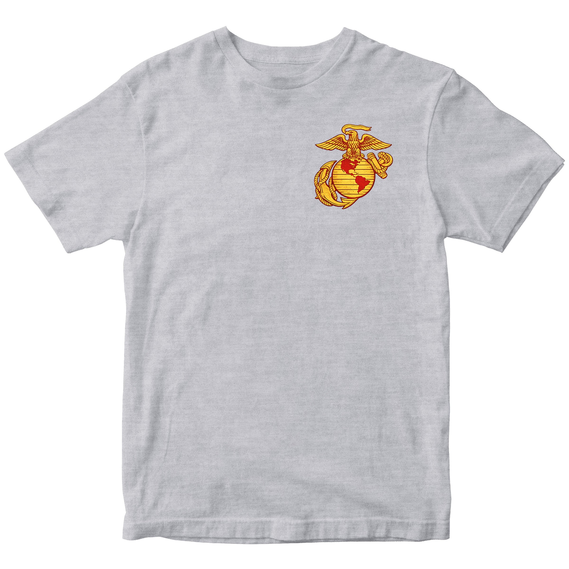 Grey USMC T-shirt with large motorcycle club–style back graphic reading ‘Marine Brotherhood,’ ‘1775,’ and ‘USMC. Marines Motorcycle Tee