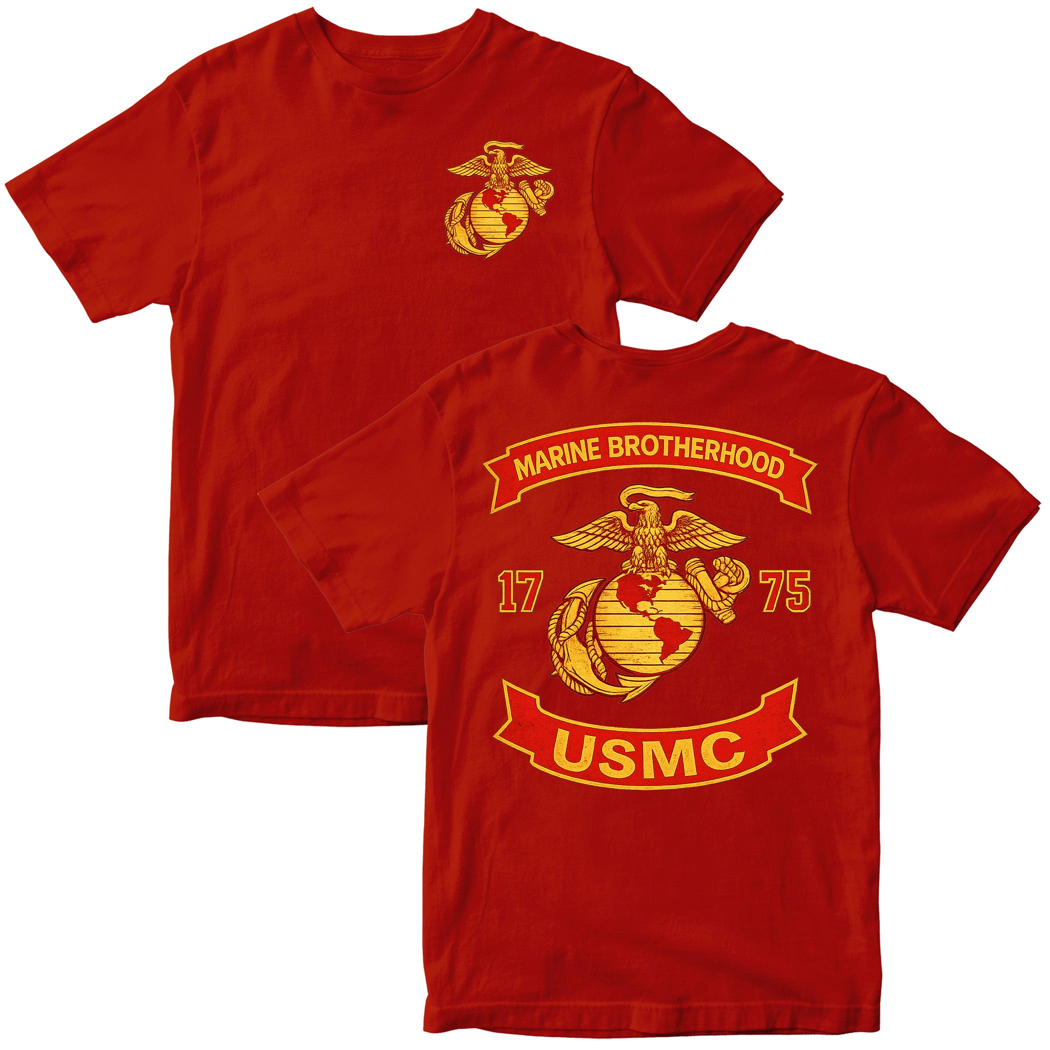 Red USMC T-shirt with large motorcycle club–style back graphic reading ‘Marine Brotherhood,’ ‘1775,’ and ‘USMC. Marines Motorcycle Tee