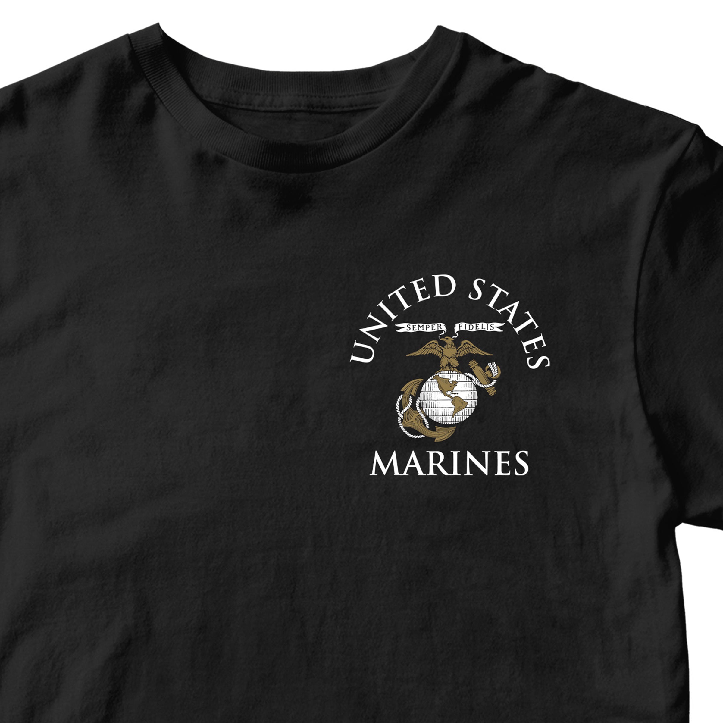 Black Marine Corps tee featuring United States Marines text and EGA emblem chest seal