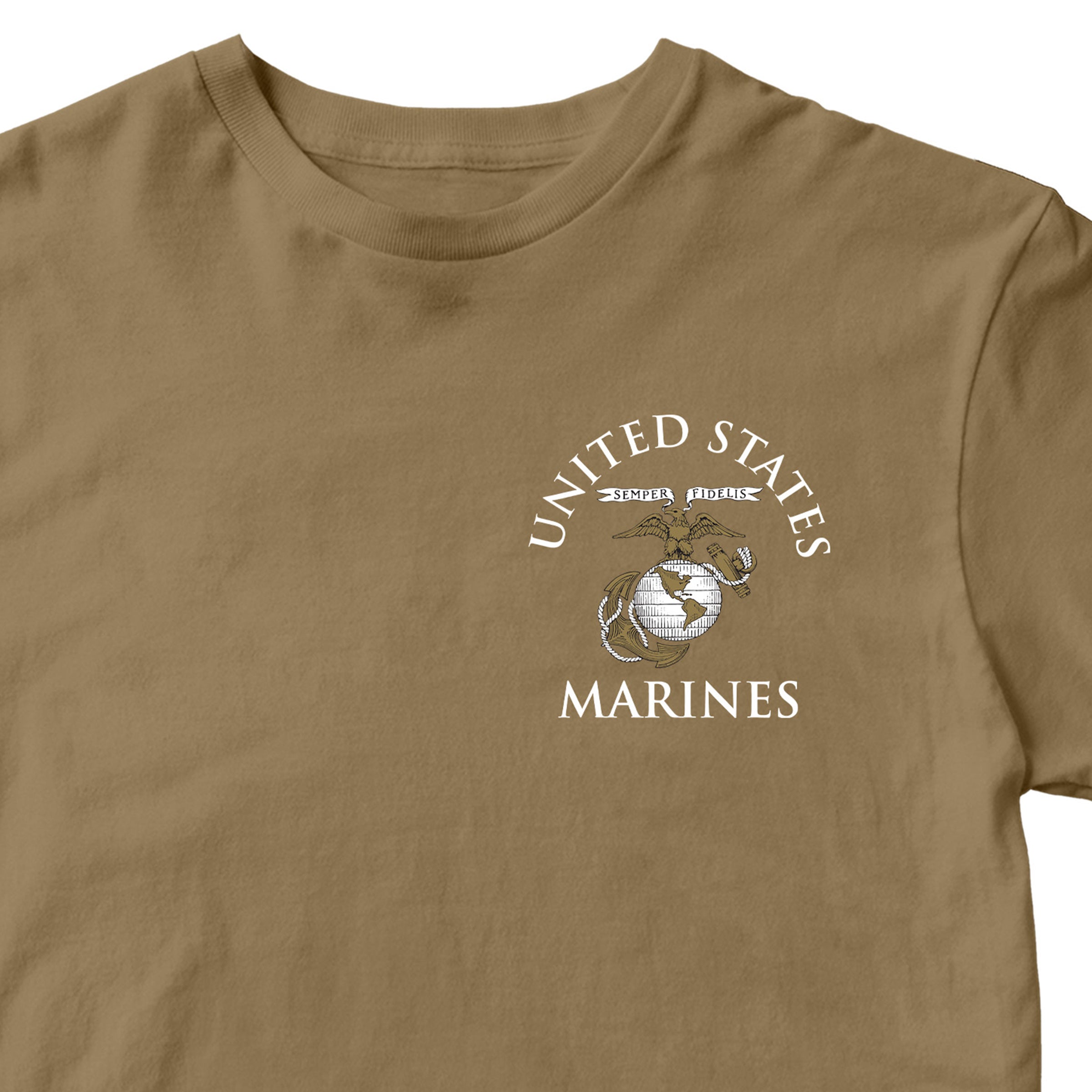 Brown Marine Corps tee featuring United States Marines text and EGA emblem chest seal