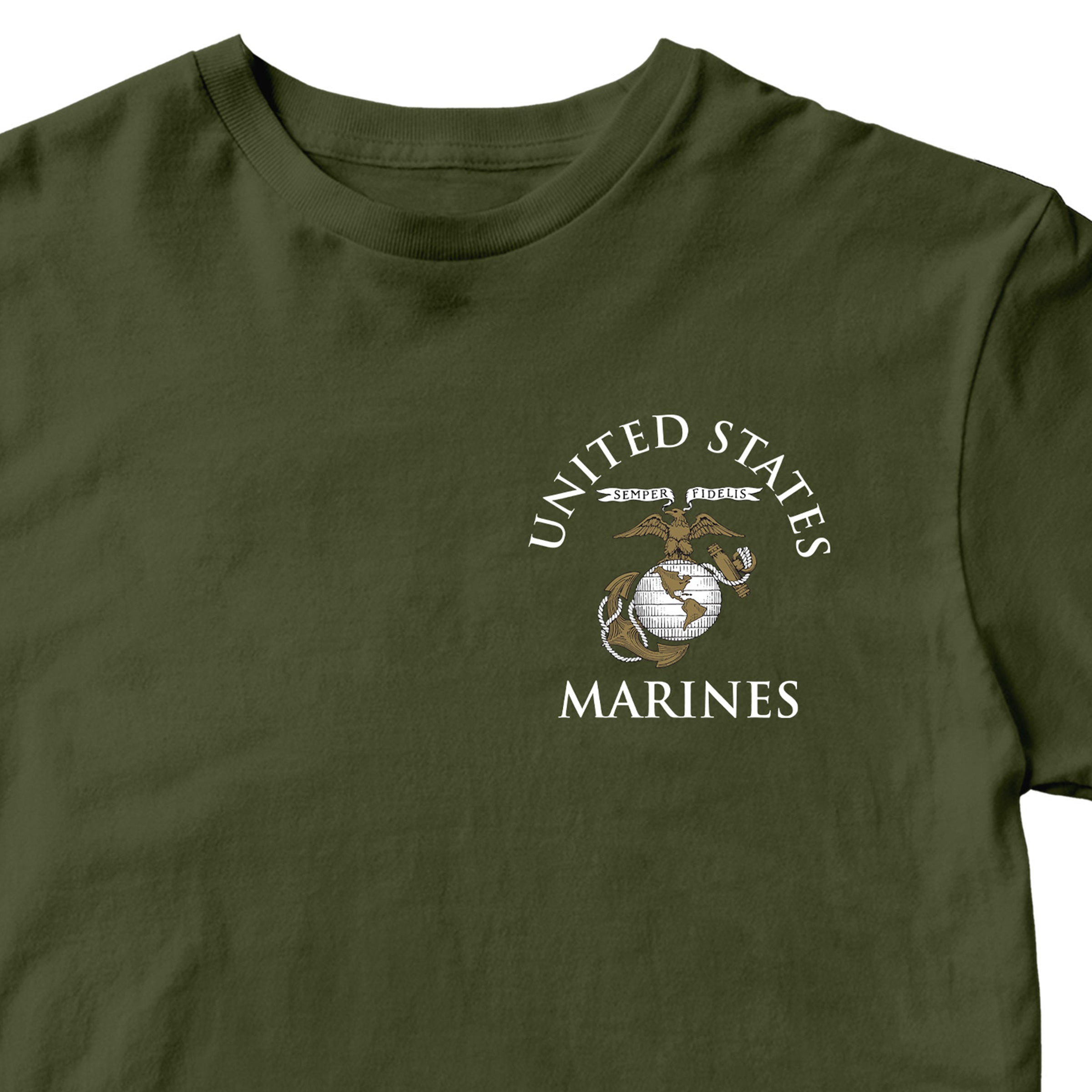 Green Marine Corps tee featuring United States Marines text and EGA emblem chest seal